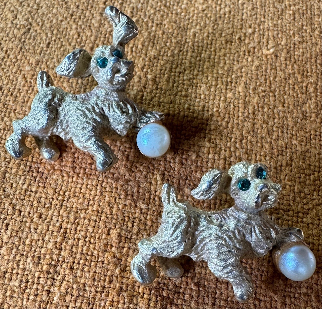 Vintage 1960s Dog-Puppy Pins (2) Gold-Tone with Pearls & Green Eyes *NOTES*