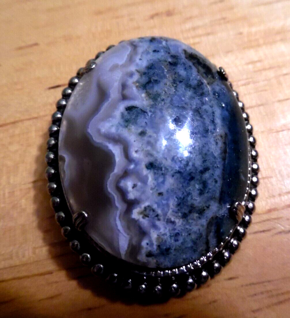 MOSS AGATE PIN IN SILVER METAL SETTING