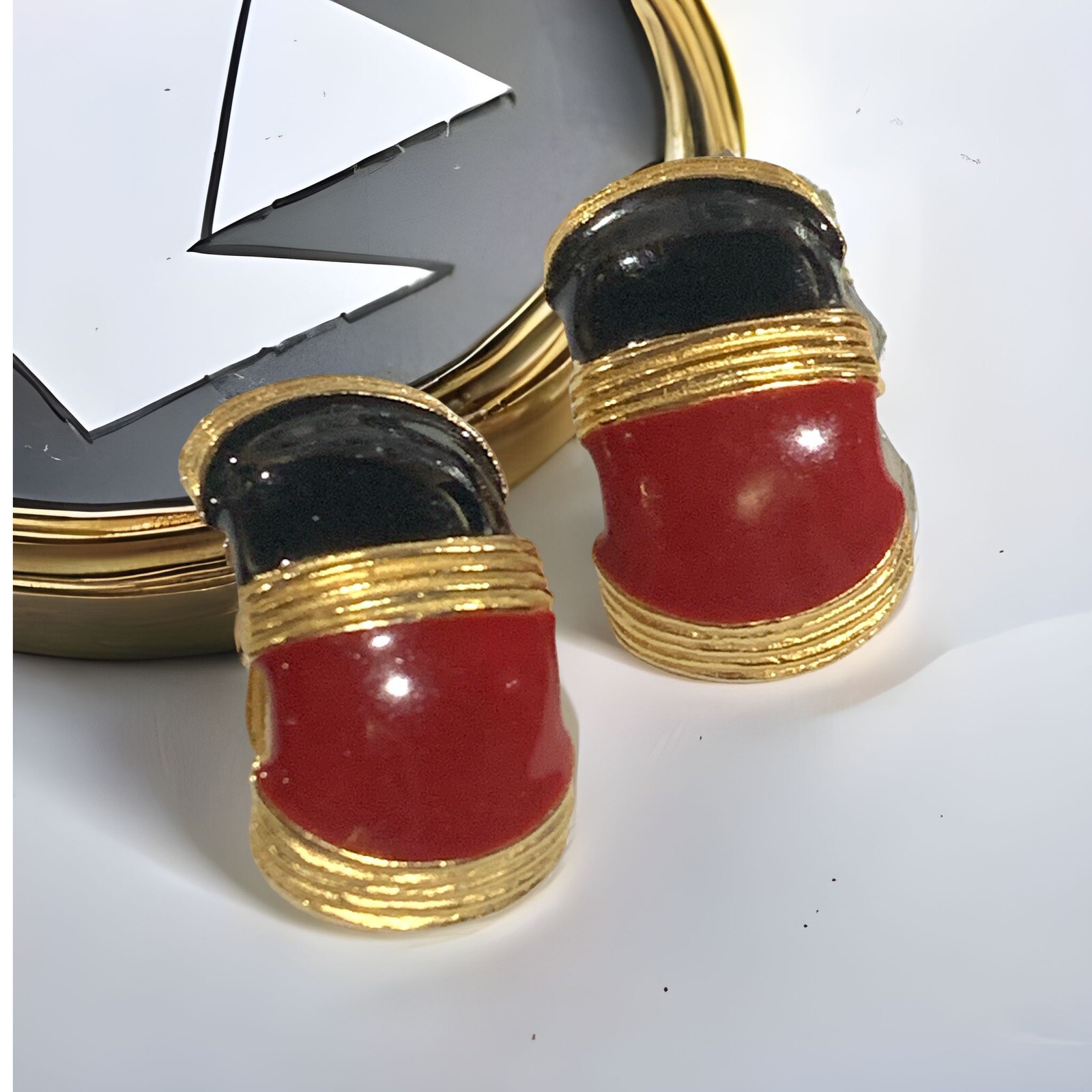Vintage Gay Boyer Gold Tone Art Deco Red Blue Mod Clip On Earrings
