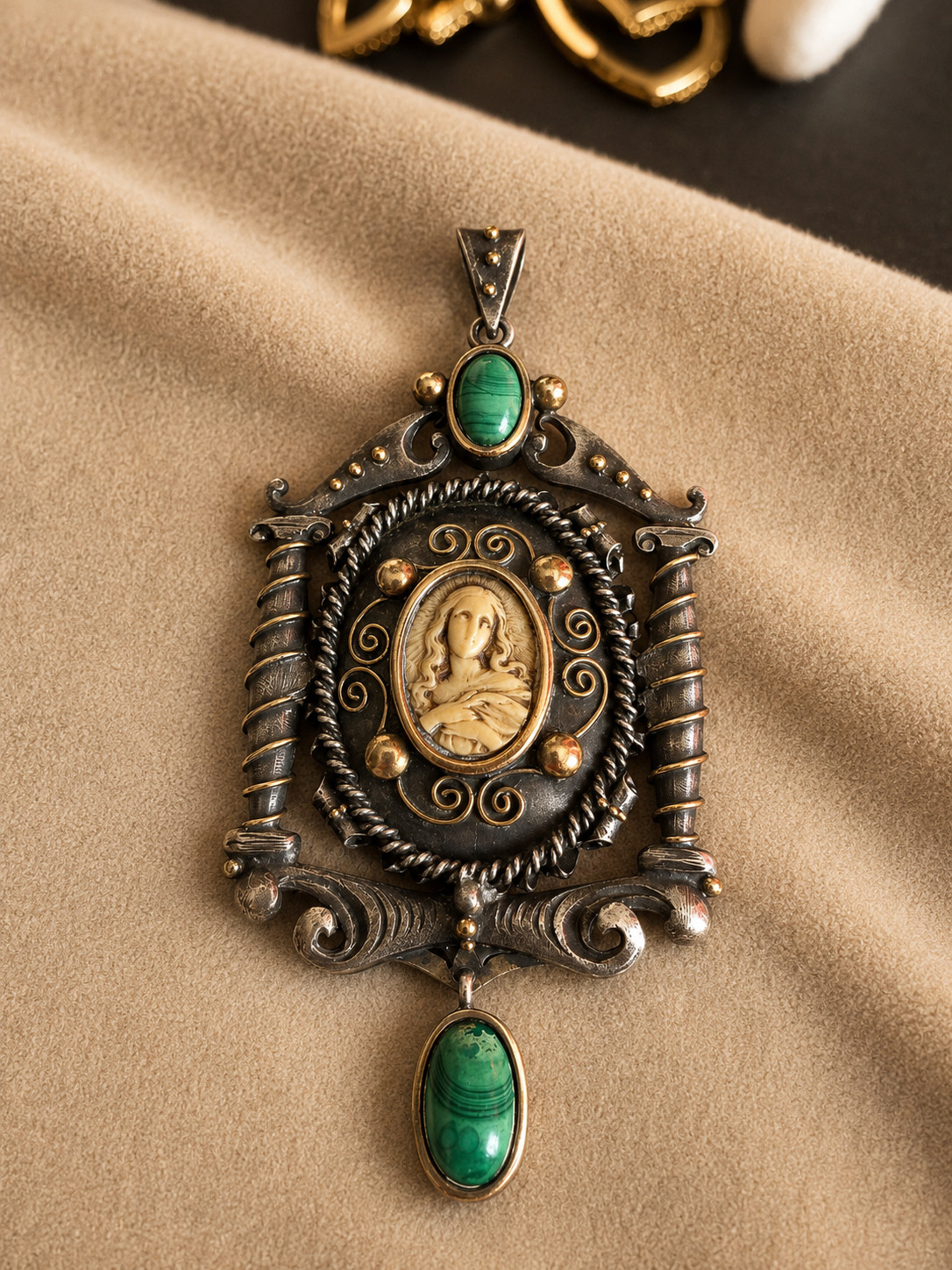 Antique Gold Silver Religious Pendant Virgin Mary Malachite Large Rare