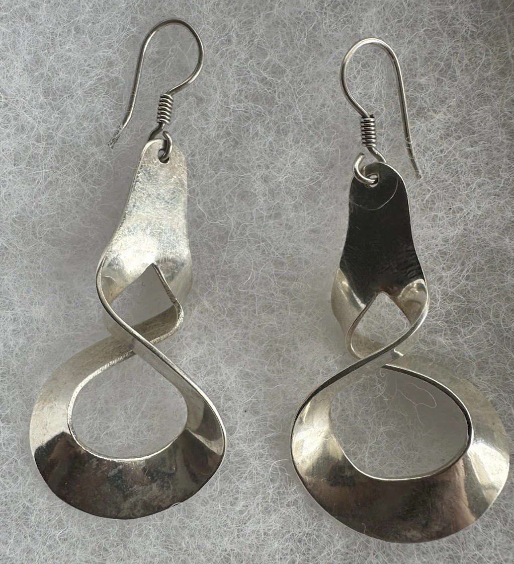 Vintage MEX CD 925 Sterling Silver Twist Dangle Earrings Modernist Taxco Style