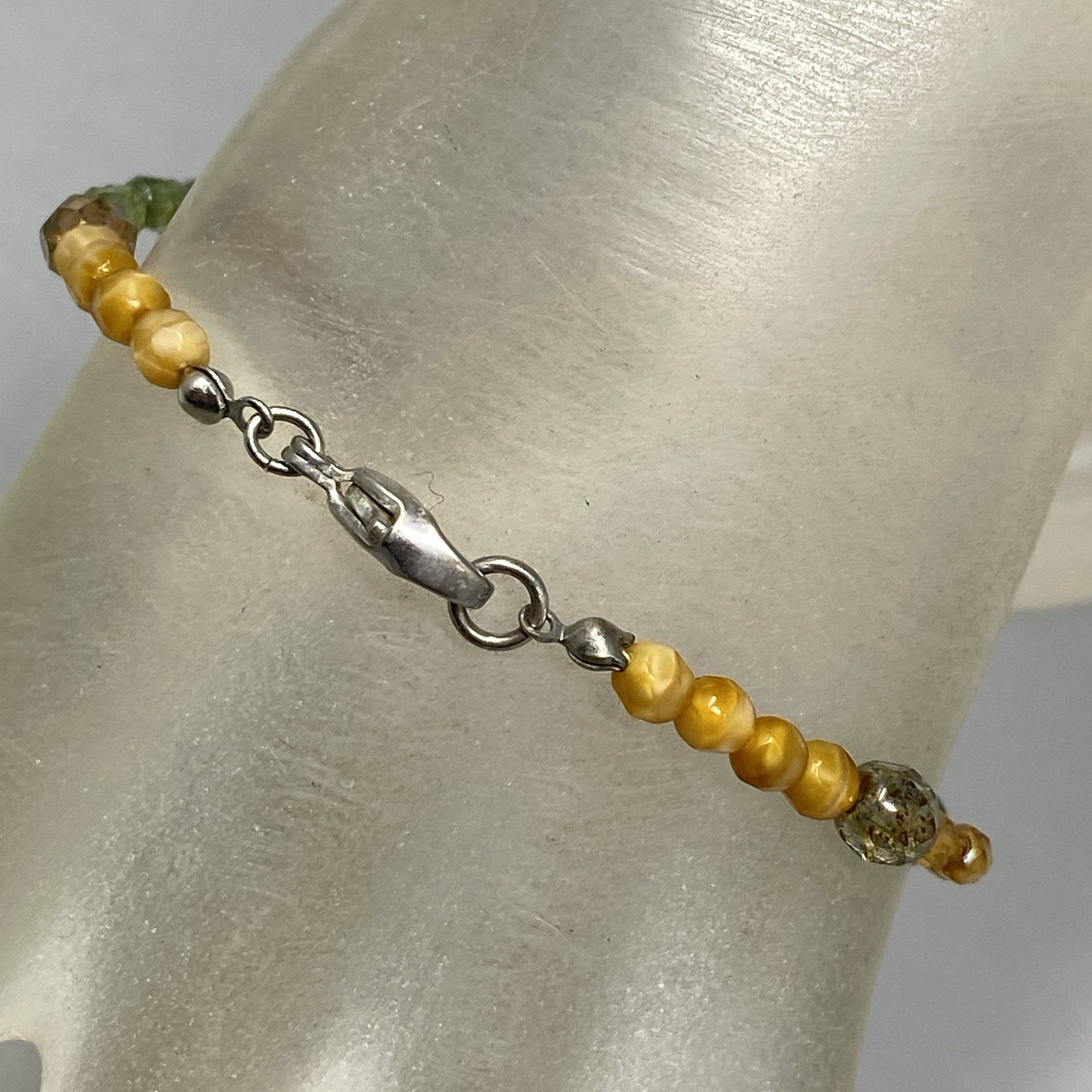 Glass Bead Bracelet Mini Green Orange Marble Faceted Fire Polished Coated 7″