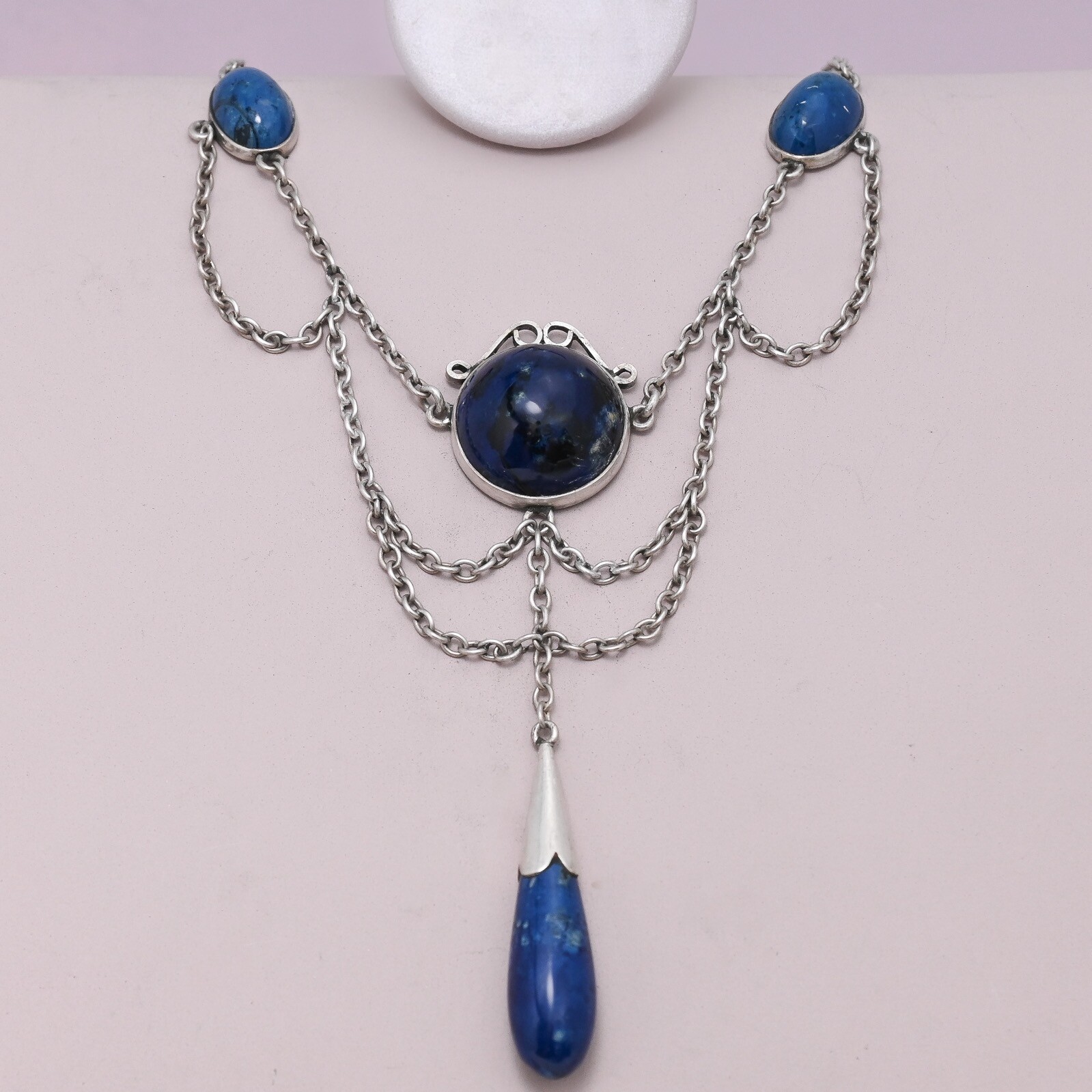 Antique Victorian Natural Sodalite Sterling Silver Large Festoon Necklace