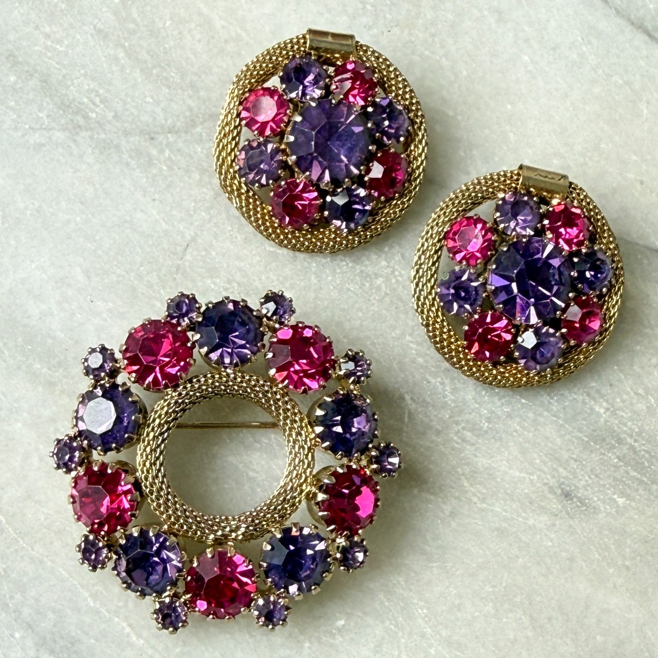 Vtg 1960s Weiss Brooch Earrings Set Pink Purple Gold Crystal Rhinestone Circle