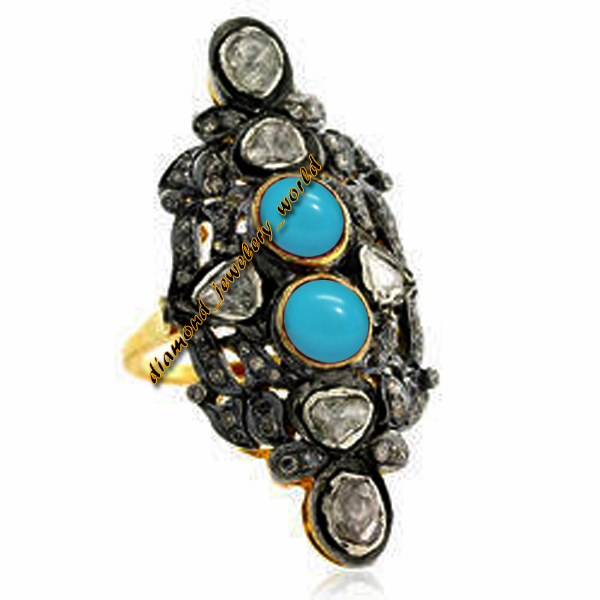 2.83ctw Rose Antique Cut Diamond Turquoise Silver Victorian Amazing Ring Jewelry