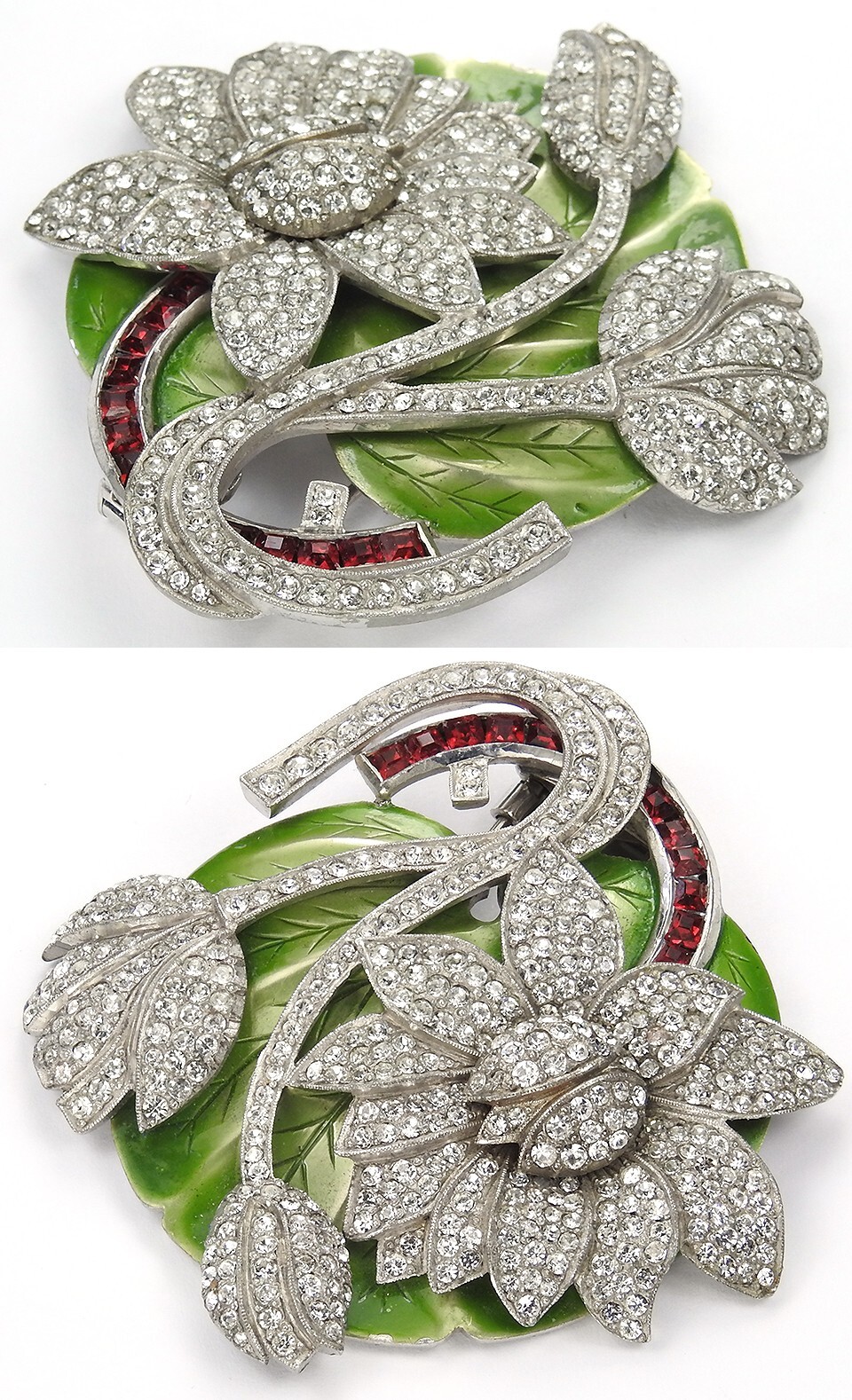 Dujay Pave Metallic Enamel Flowers Invisibly Set Ruby Stem Floral Spray Pin Clip