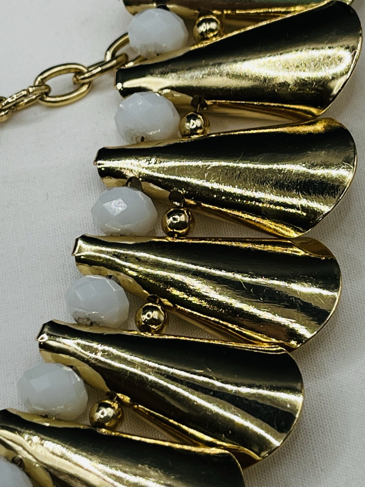 Miriam Haskell Faceted White Beaded Fluted Gold Tone Statement Collar Necklace