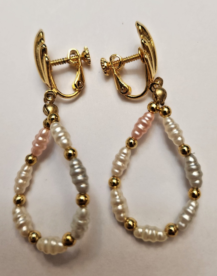 Adjustable clip on earrings faux fresh water colored pearls 2 1/4″ Long