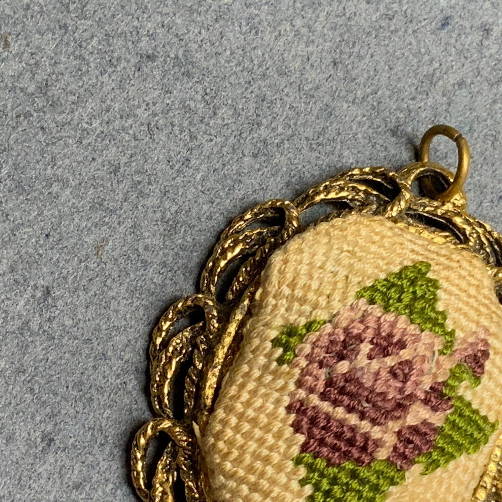 Vintage Needlepoint Mirror Pendant As Is Retro Gold Cream Purple Green Flower