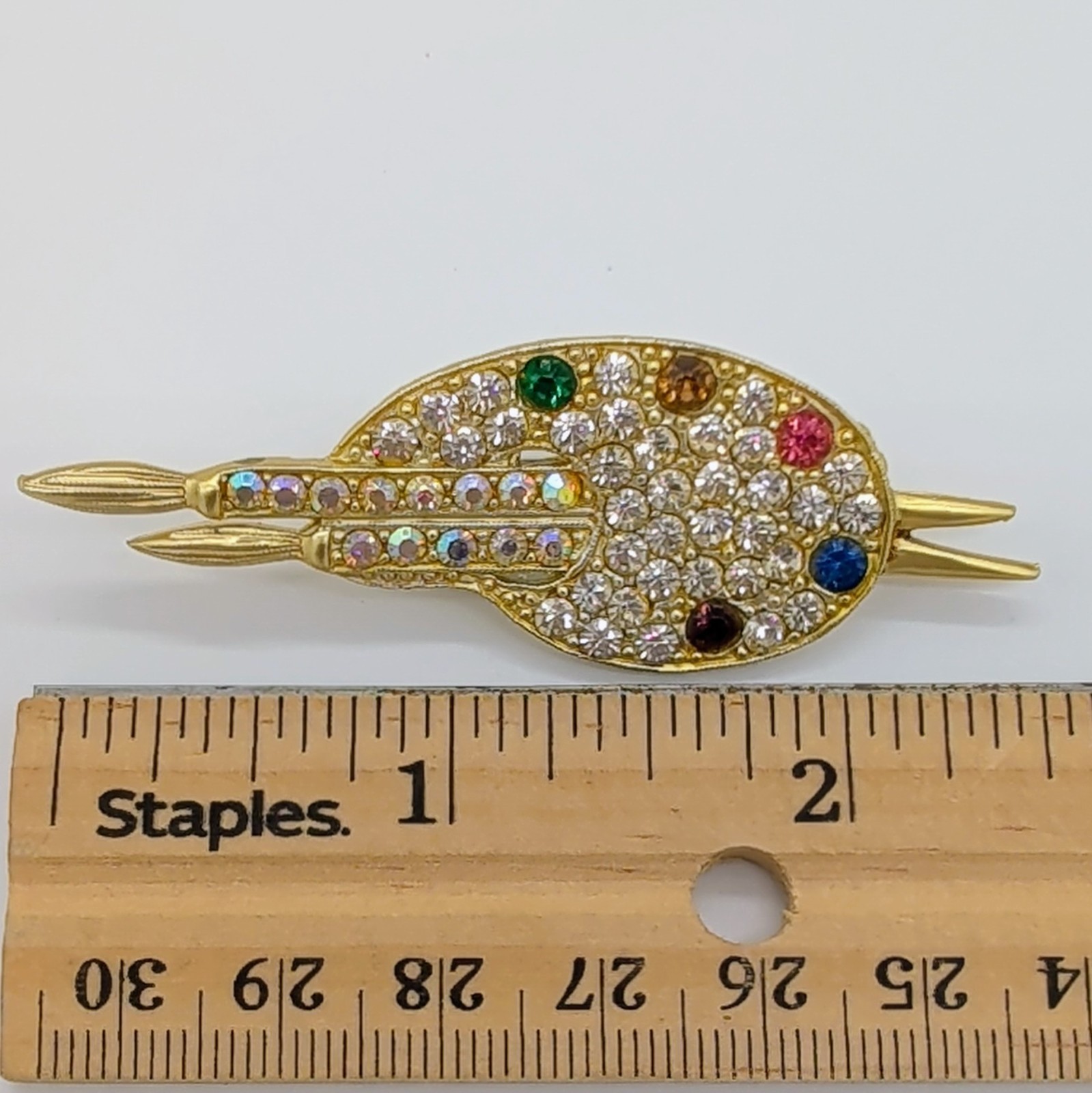 Vintage Artist Palette Brooch Paintbrush Rhinestone Multicolor AB Gold Tone Pin