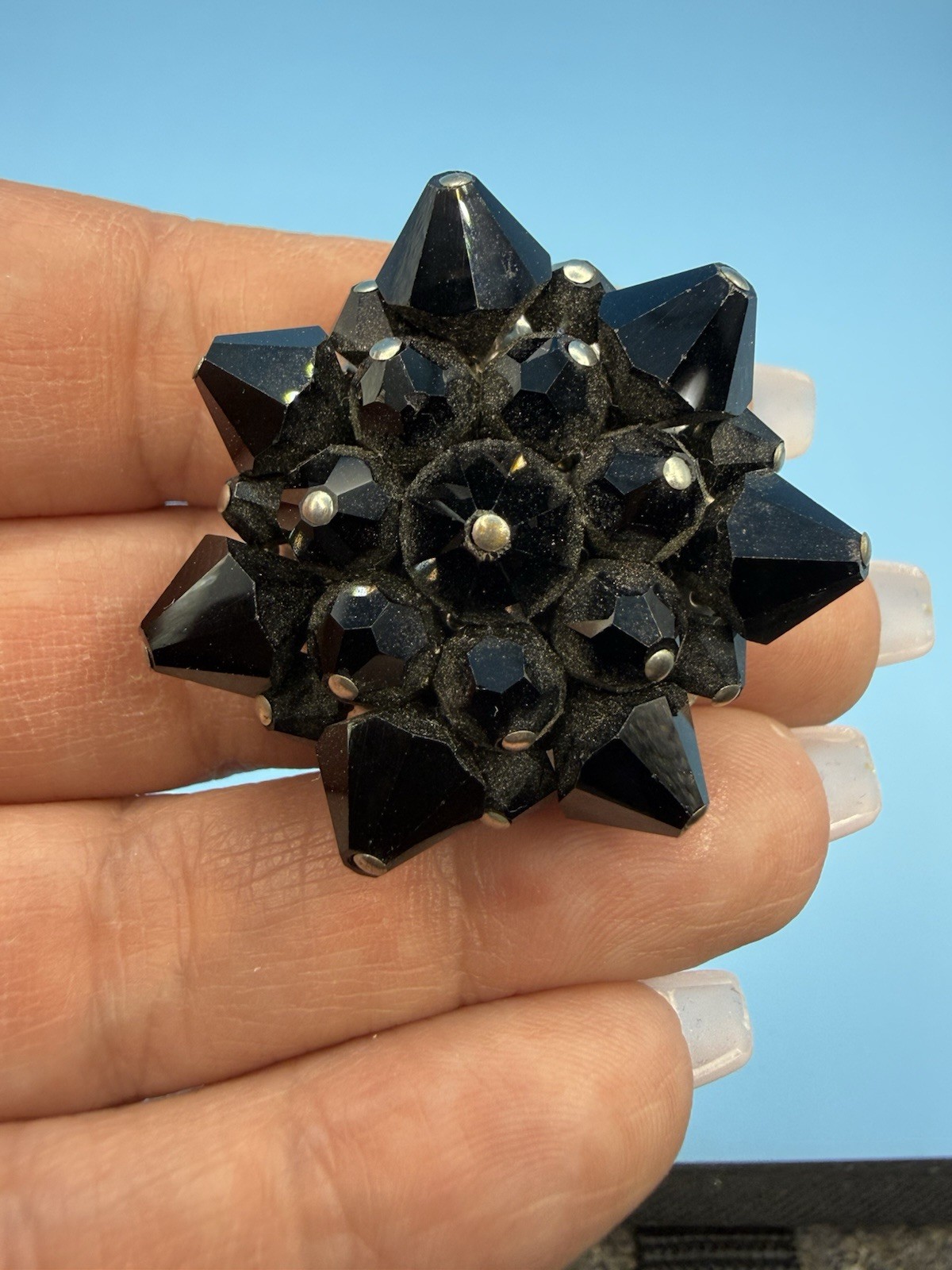 Vintage Black Faceted Glass Flower Star Pin Brooch 1 1/2 inches Across