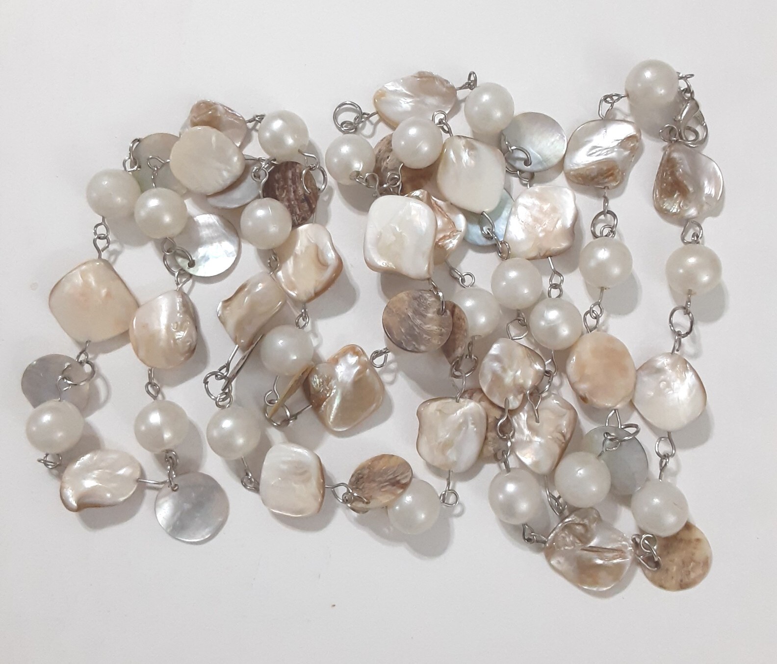 Vintage Mother of Pearl Abalone Shell Faux Pearl Bead Necklace 48 in