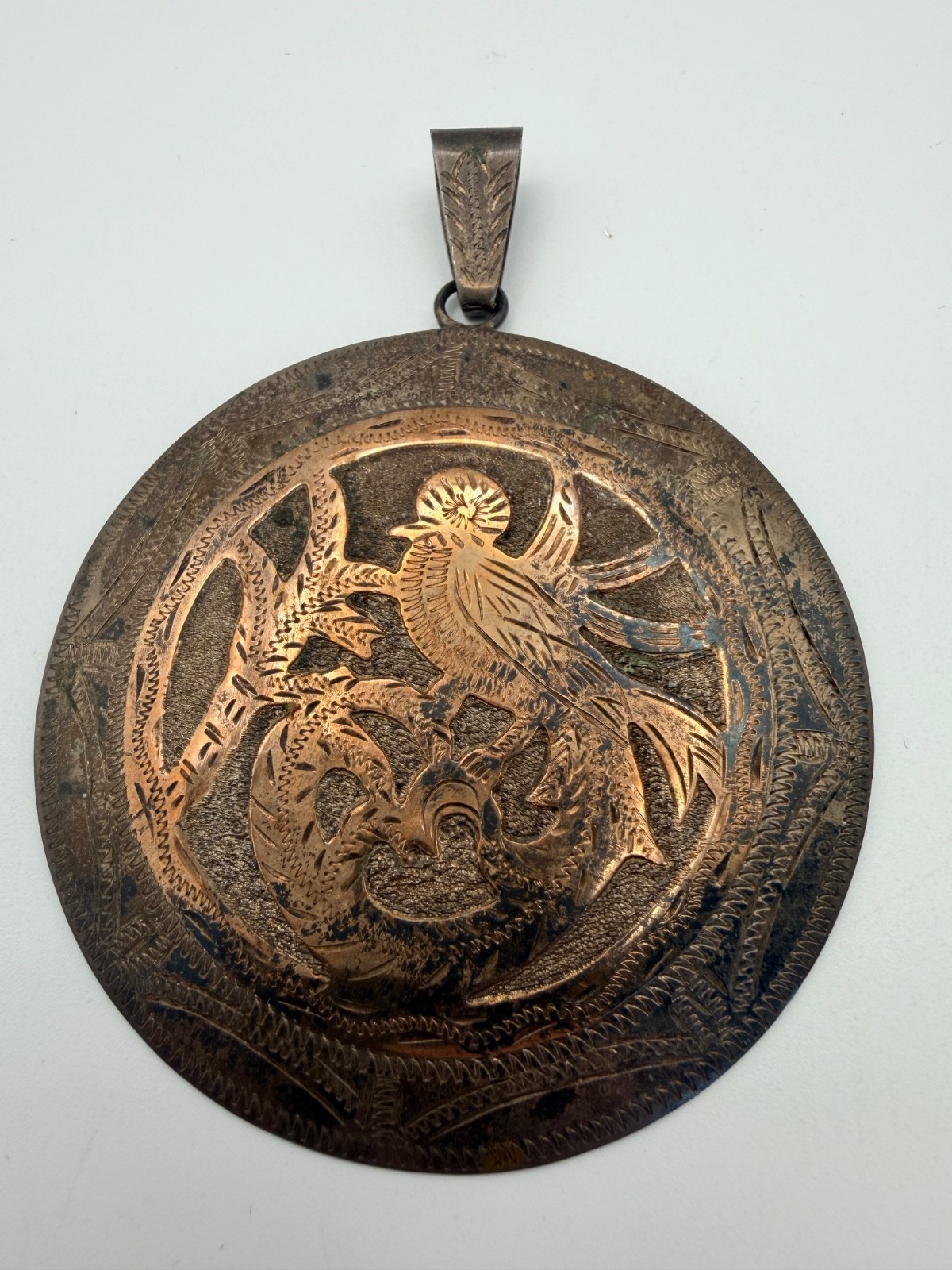 Vintage Guatemala 800 Silver Large Hand Engraved Tropical Bird Pendant Folk Art