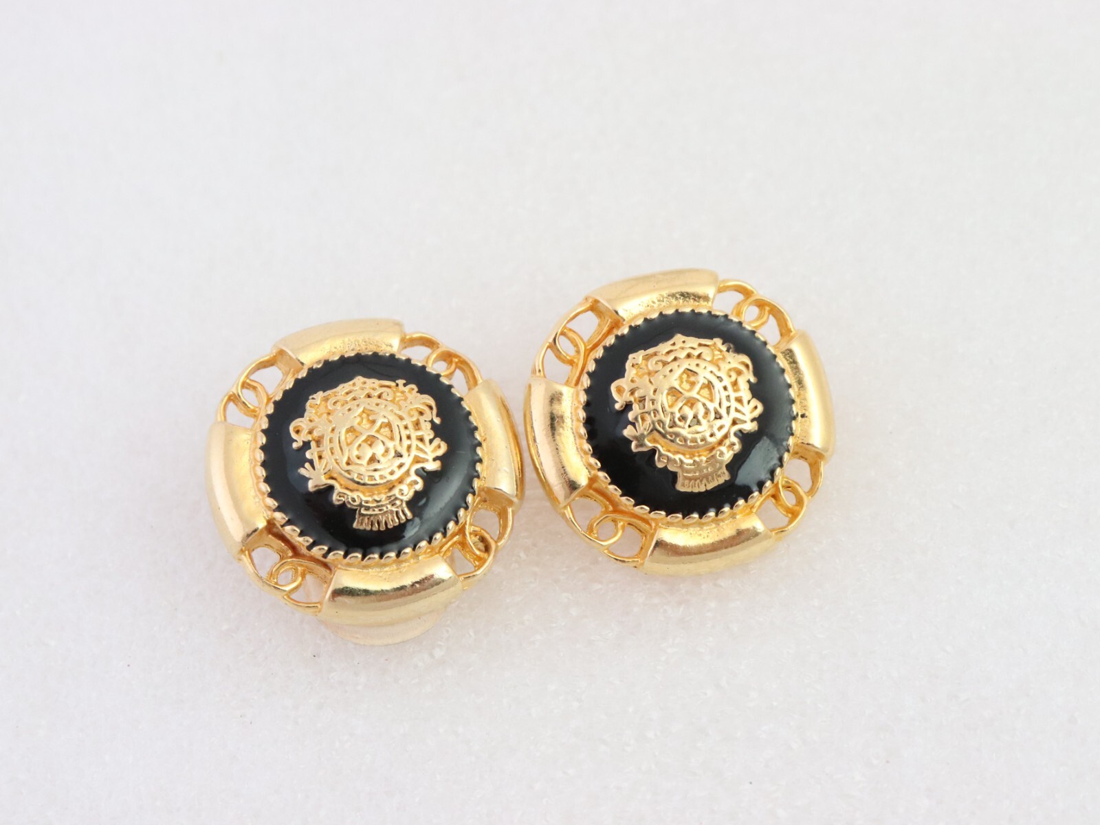 Vintage Gay Boyer Nautical Clip Earrings Round Dome Black Enamel Gold Tone