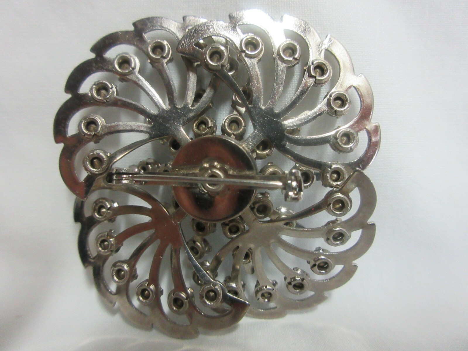 VTG Silver Metal FLOWER with Tiny Blue Rhinestones PIN BROOCH #1