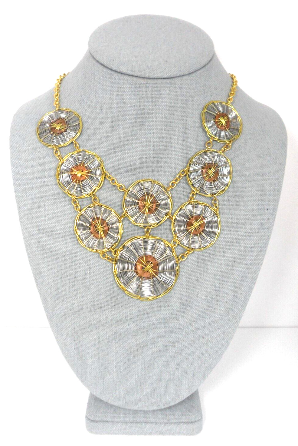 Ethnic Bib Necklace Woven Wire Discs Multi Mixed Metal Copper Shields Medallions
