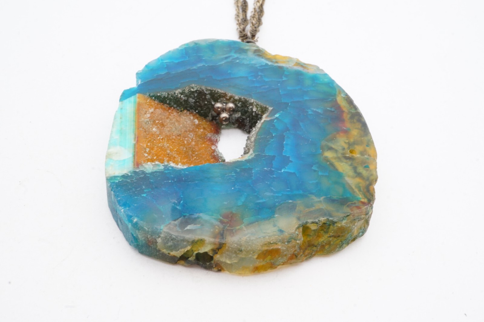 Vintage Necklace Silver Tone Blue Agate Geode 19″
