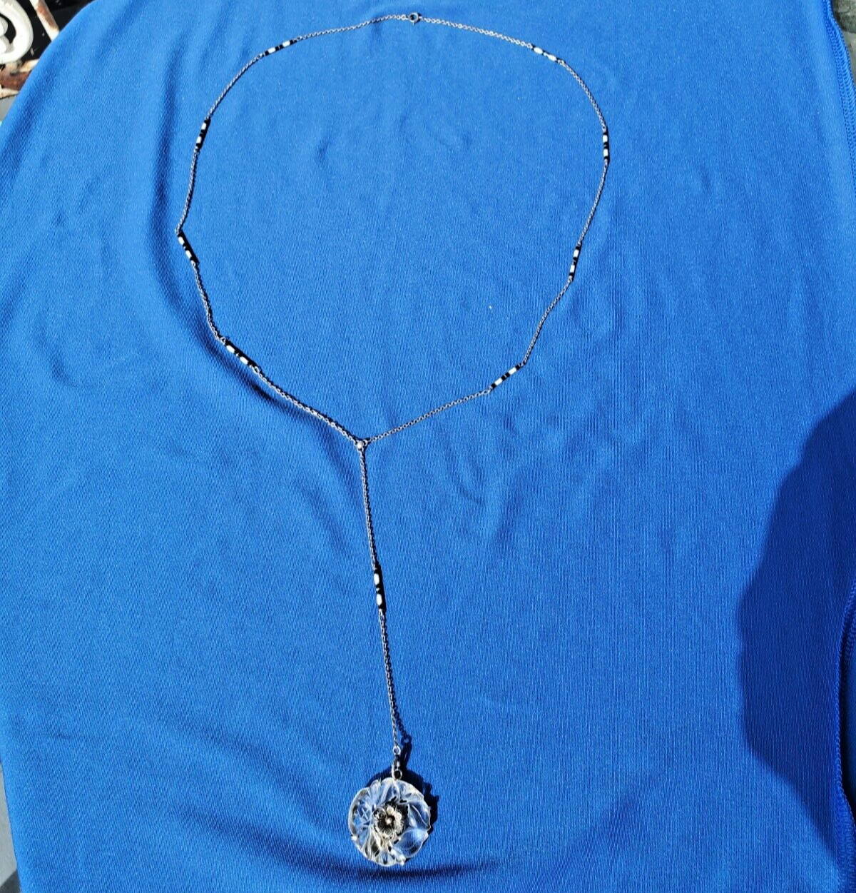 ORIGINAL Deco Guilloche Enamel STERLING SILVER 925 Necklace Antique Chain 24″ IN