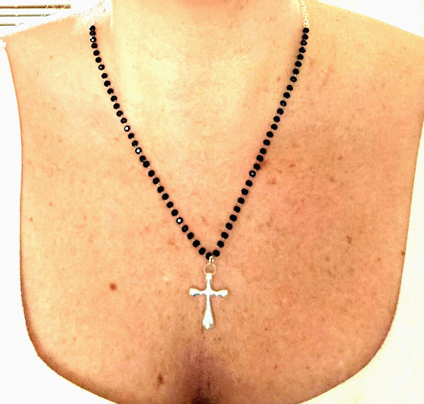 Sterling Silver Cross Necklace Adjustable Black Rosary Chain Lightweight