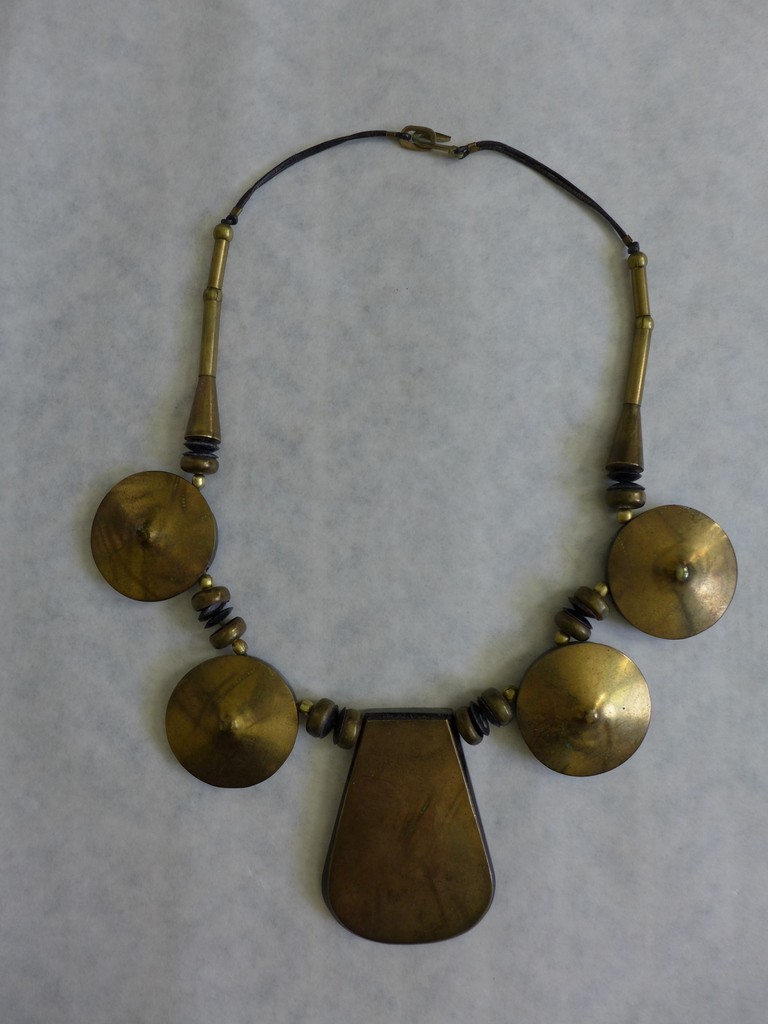 Estate Vintage Large Metal /Resin/Leather Cord Statement BOHO Tribal Necklace