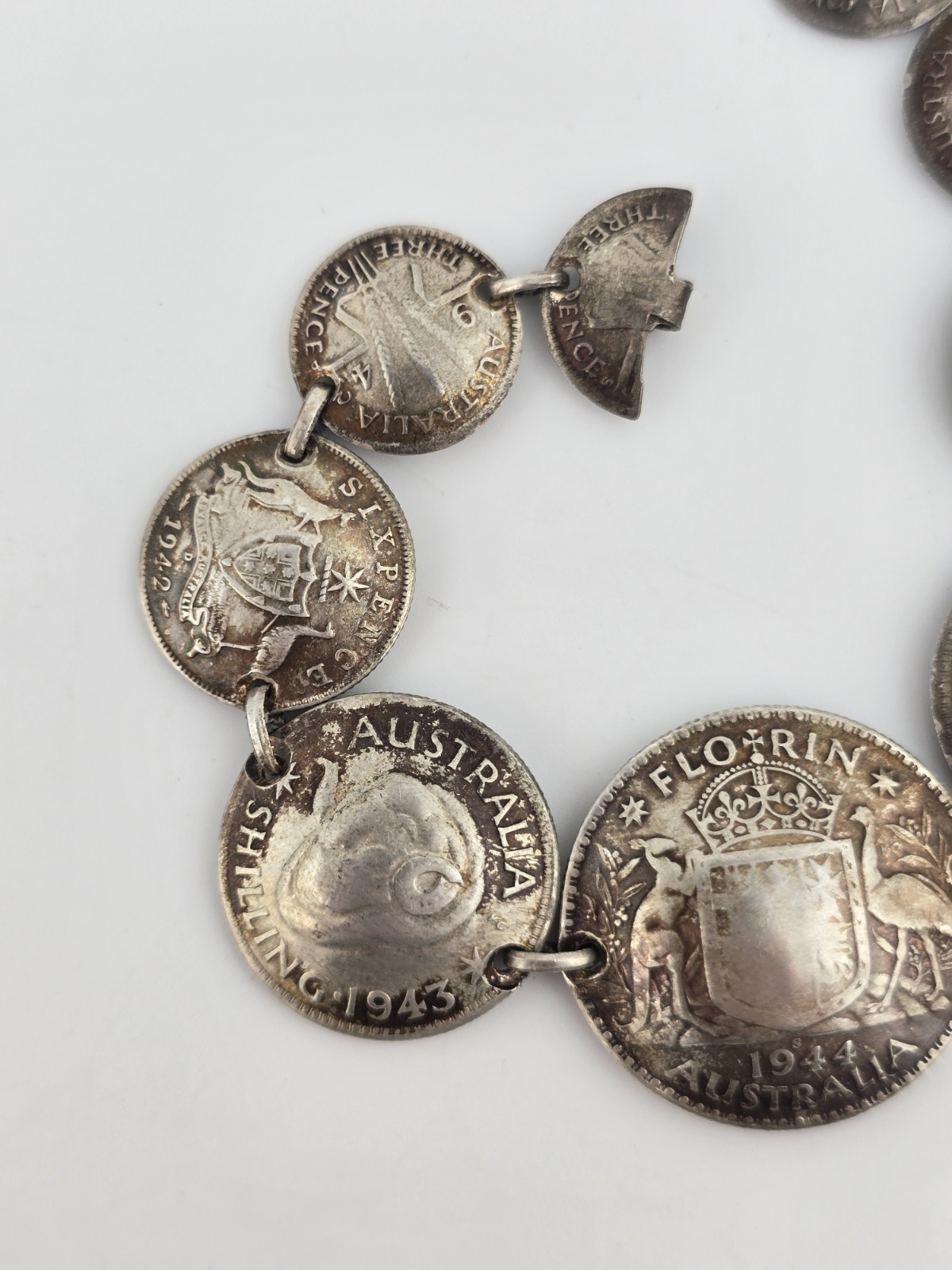 Vintage 1944 Australian Coin Trench Art Charm Link Artisan Bracelet