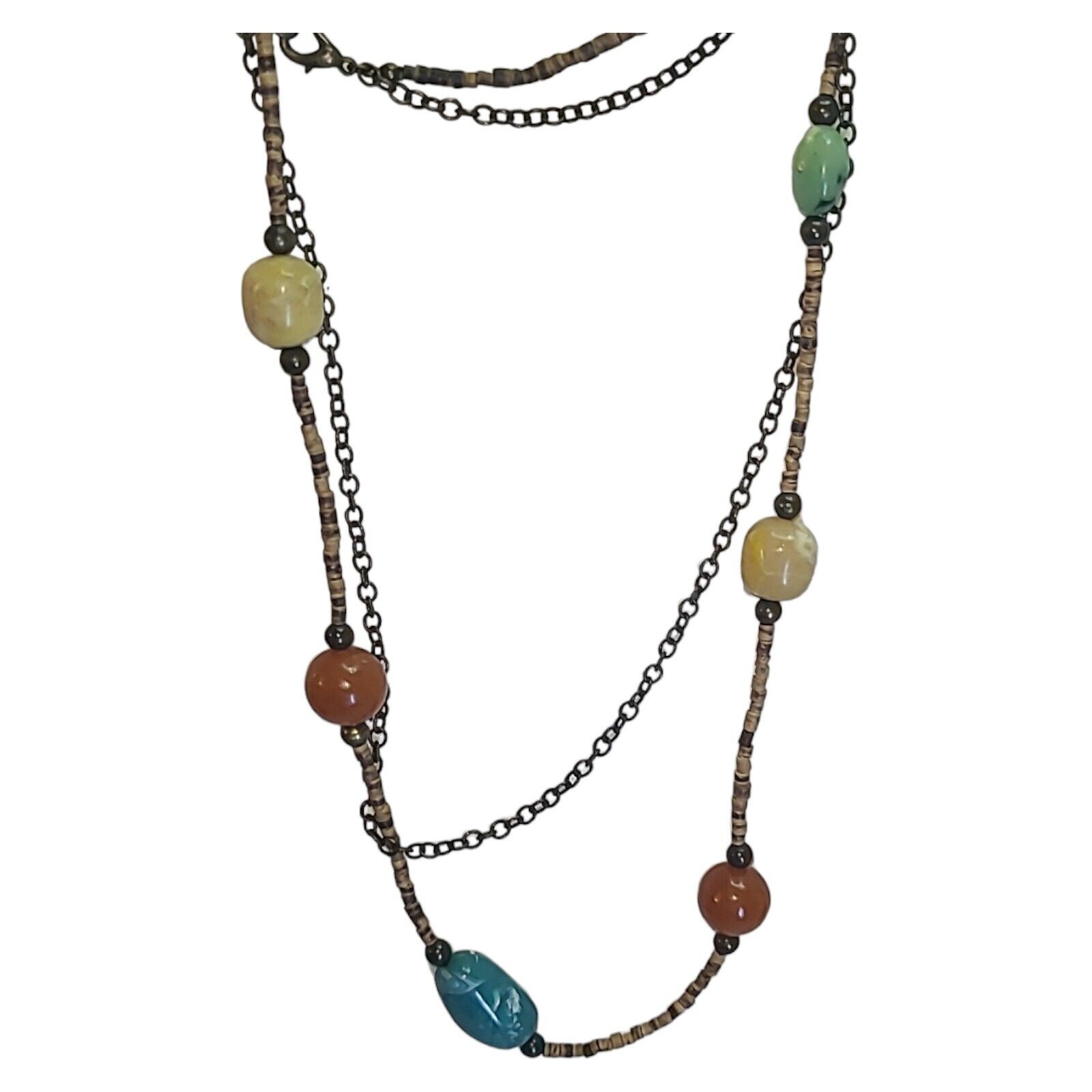 Vintage Boho Coconut Shell & Multi-color Acrylic Bead Station Necklace 32″