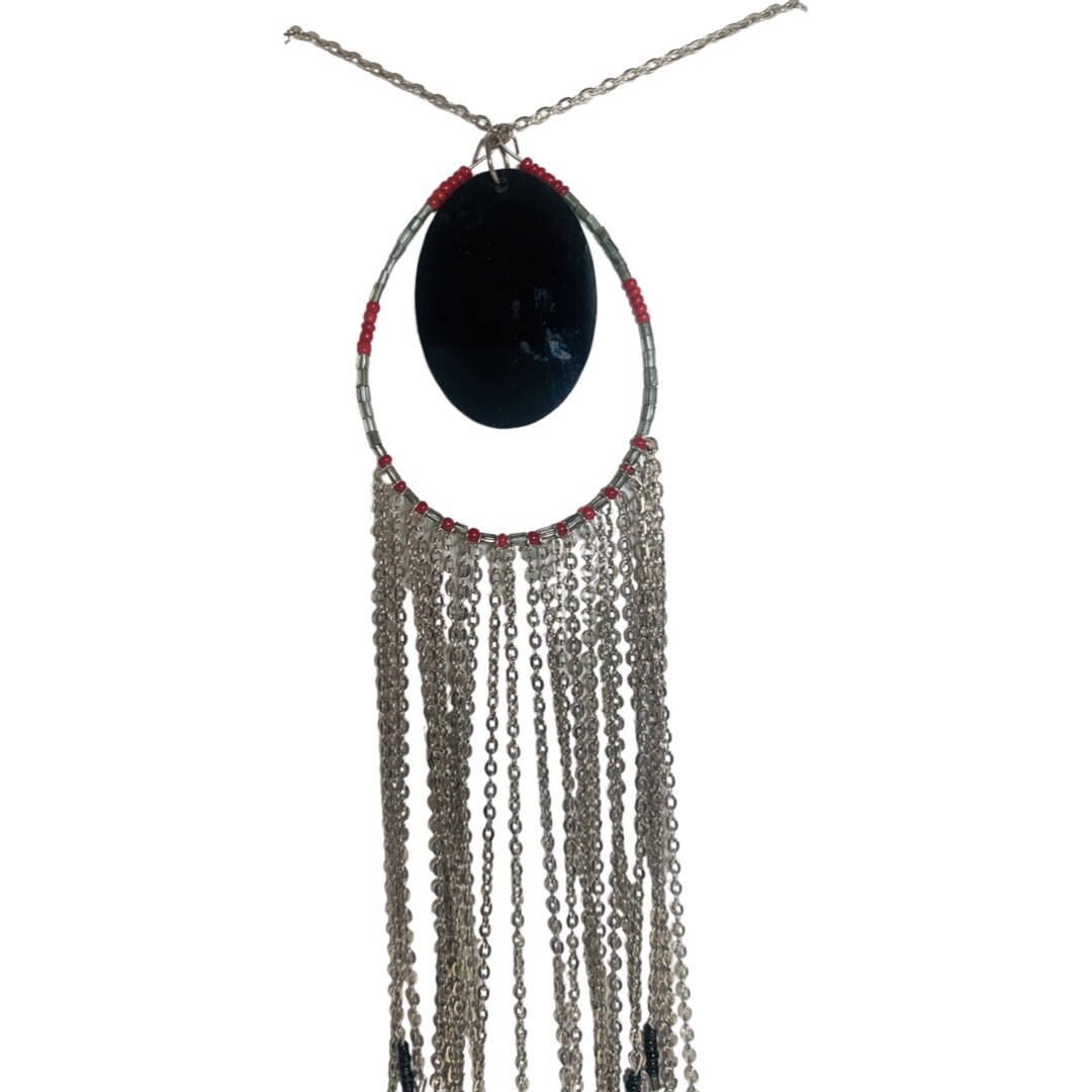 Fringe Choker Necklace Red SilverTone 15.5” Boho Beaded Southwestern