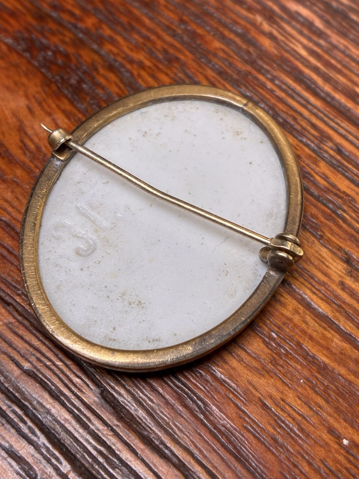 Antique Hand Painted Portrait Brooch w/ C Clasp Gold Tone porcelain Back stamped
