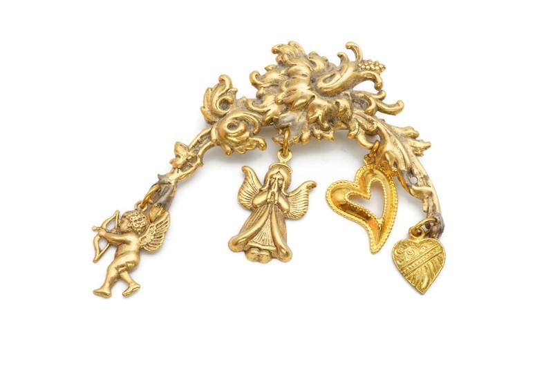 Vintage Brooch Pin Gold Tone Angels Hearts
