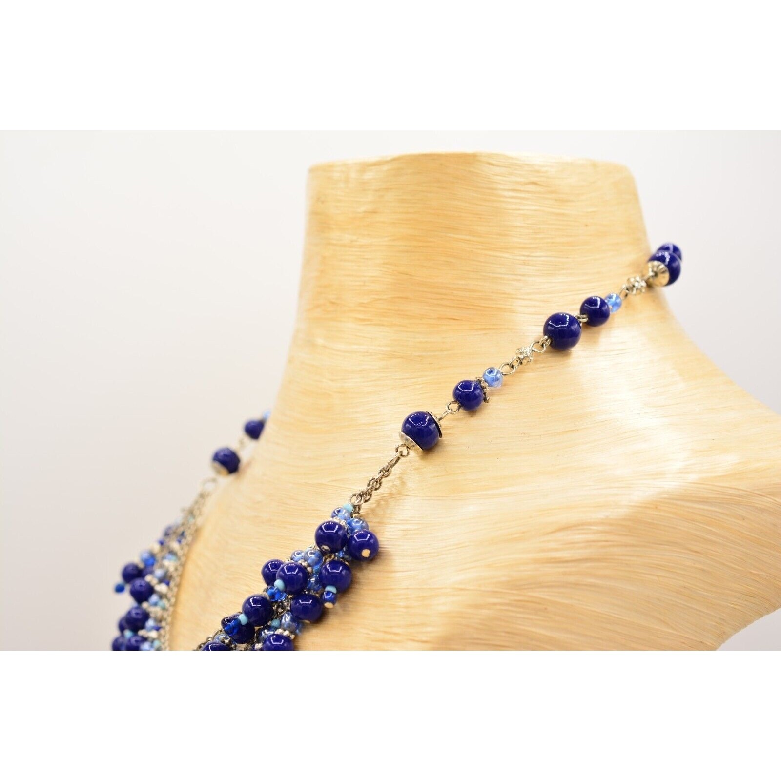 Vintage Beaded Necklace Glass Blue Silver Evil Eye Mediterranean Fringe 1990s 9A