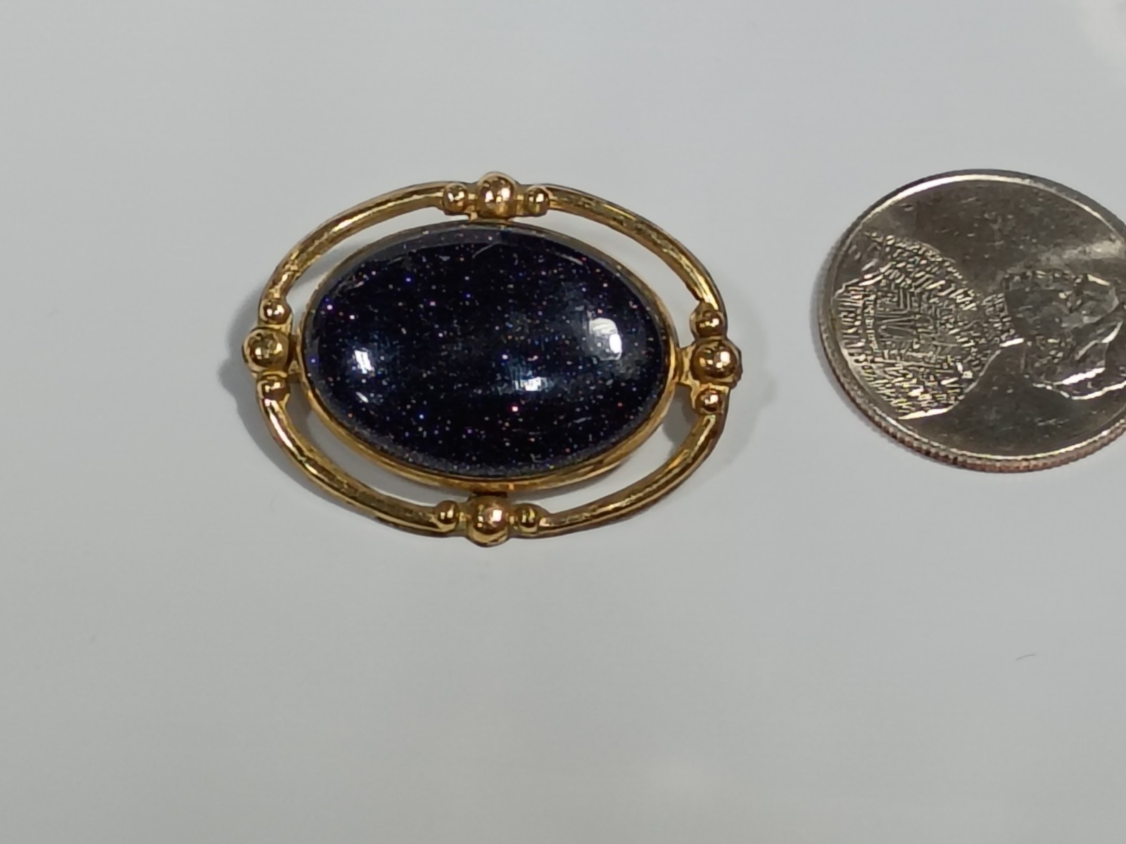 Blue Goldstone Gemstone Cabochon Vintage Goldtone Brooch Pin