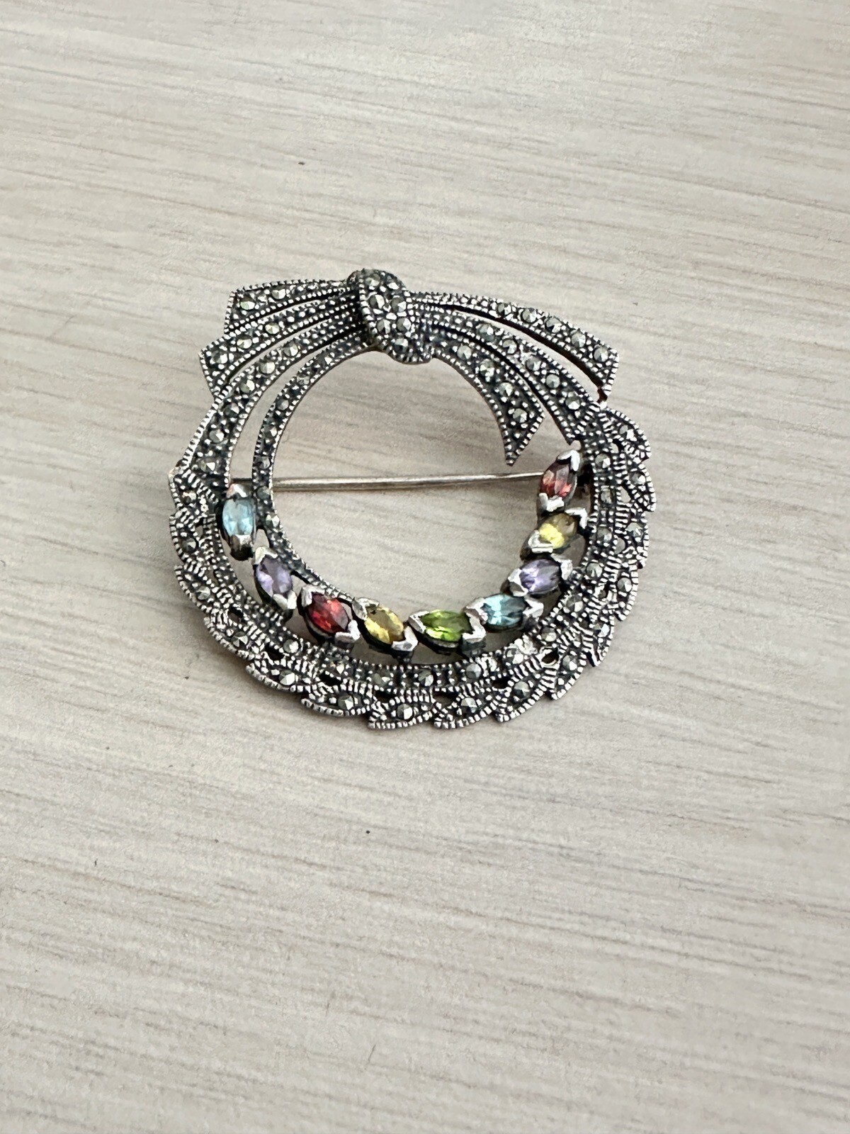 Sterling Silver Semi Precious Multicolor Stones and Marcasite Circle Bow Pin