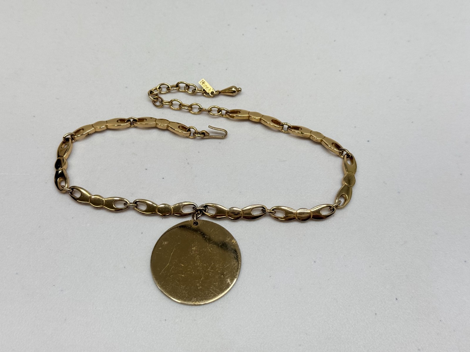 Vintage Signed Monet Round Pendant Necklace Gold Tone Choker 13-16 inch Chain