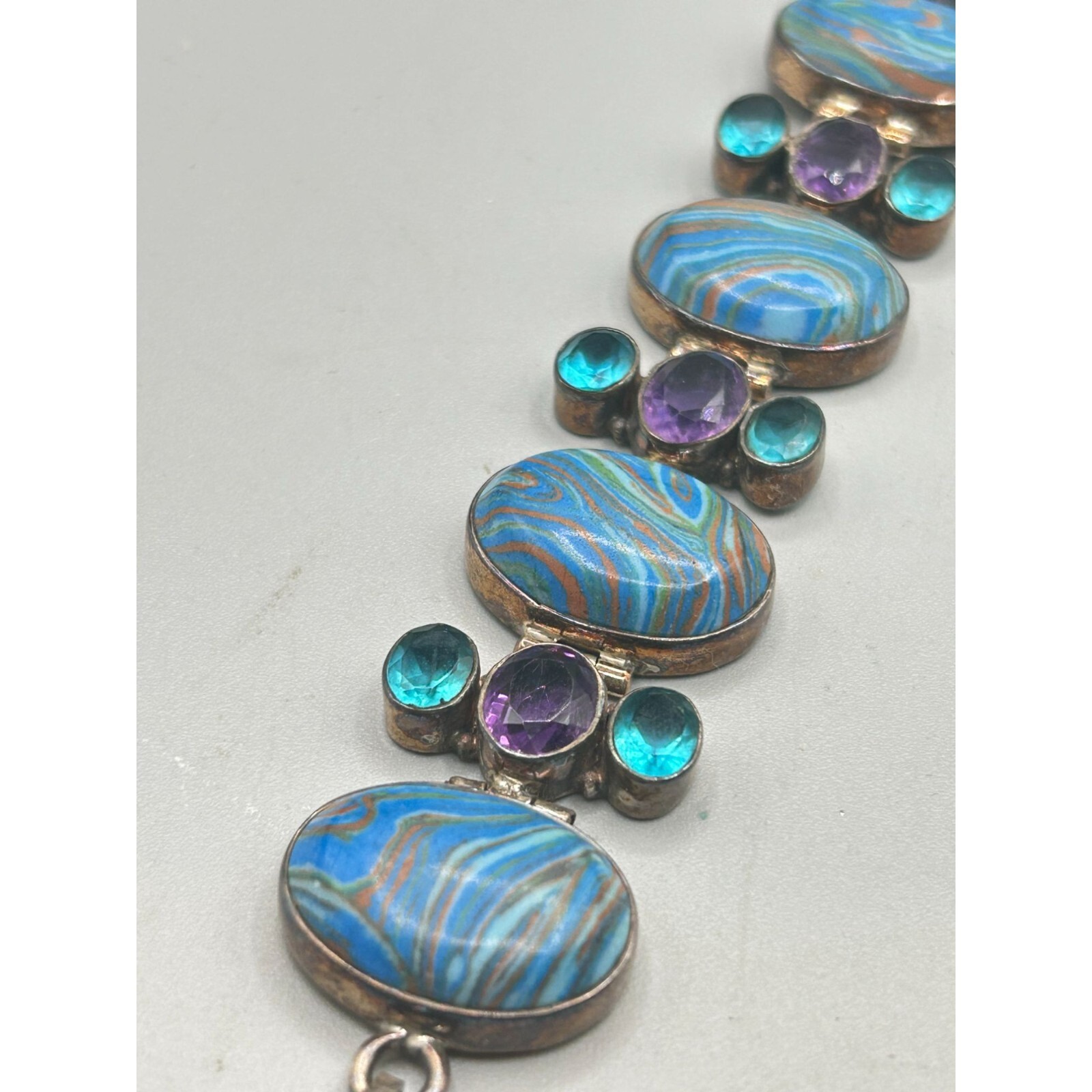 Colorful Purple and Blue Sterling Silver 925 Semi Precious Stones Bracelet 8″