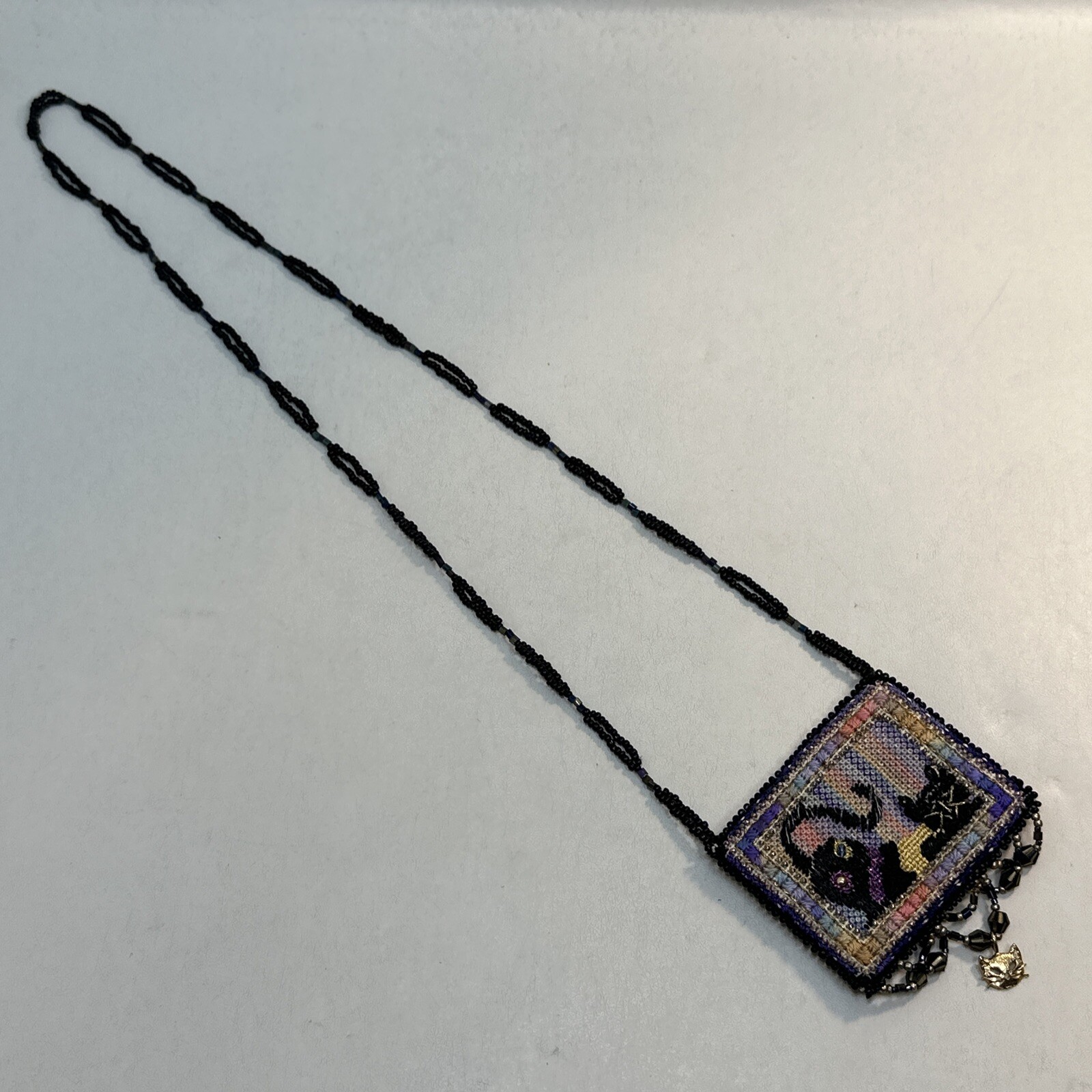 Vintage Handmade Kitty Cat Sead Bead Southwestern Necklace With Fringe Dangle