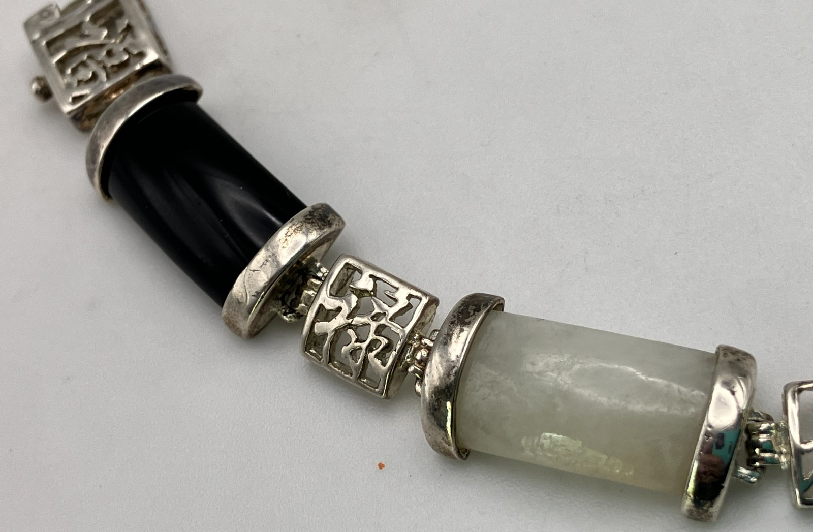 DBJ Dee Berkley Sterling Silver Chinese Character 7.5 Inch Jade Link Bracelet