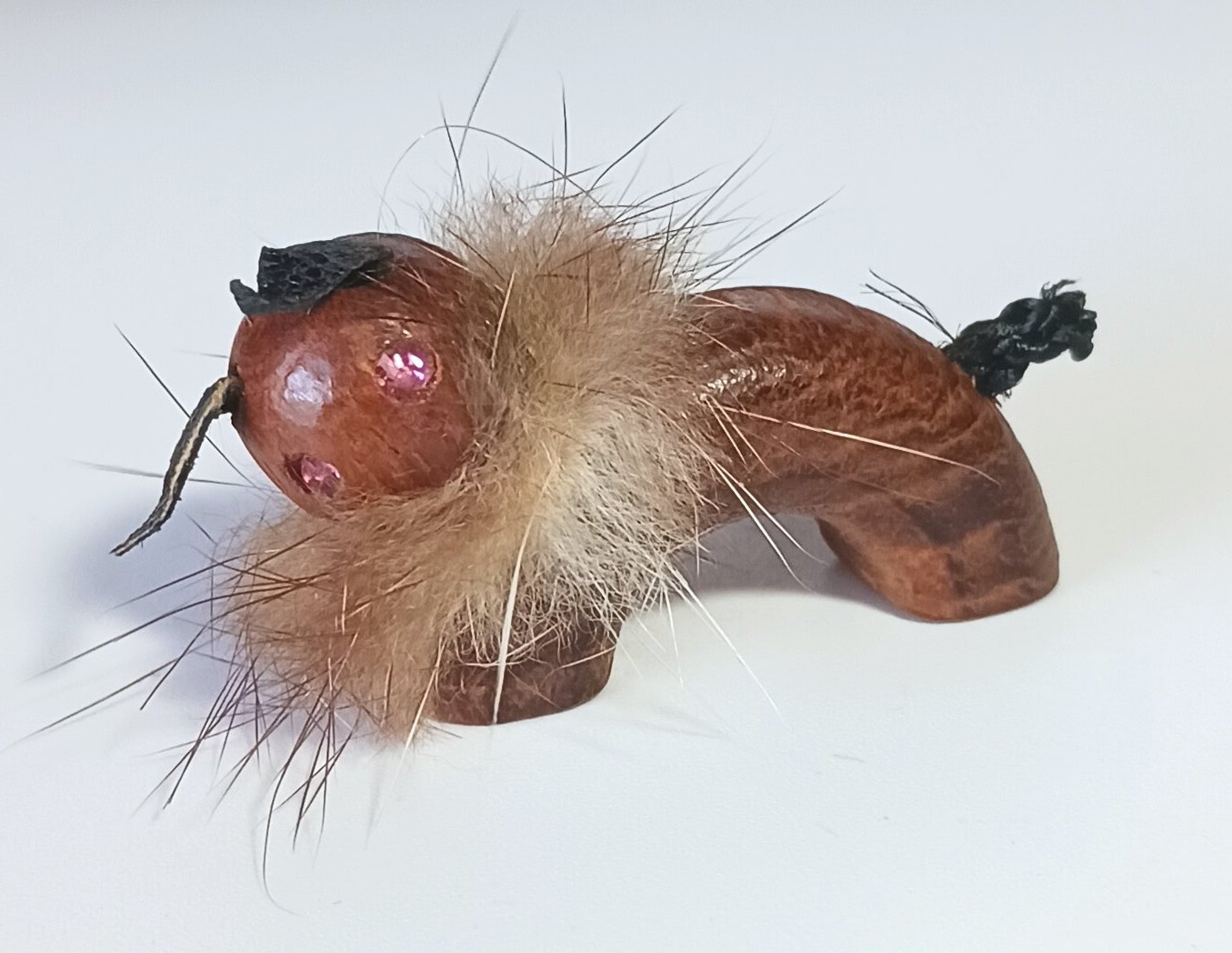 Vintage Wood, Fur, Leather, Rhinestone Animal Creature Brooch – Lion?