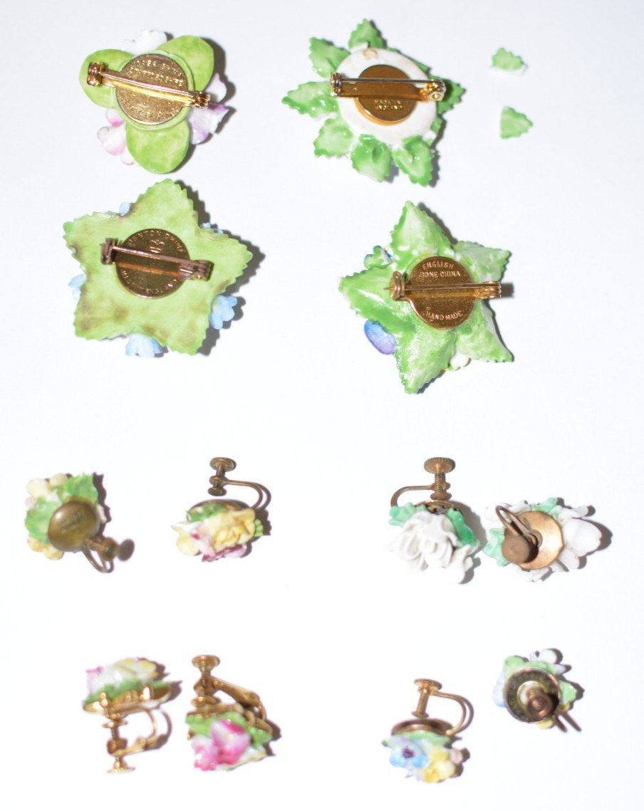 Vintage lot Denton and Staffordshire England Bone China brooches/earrings, as is