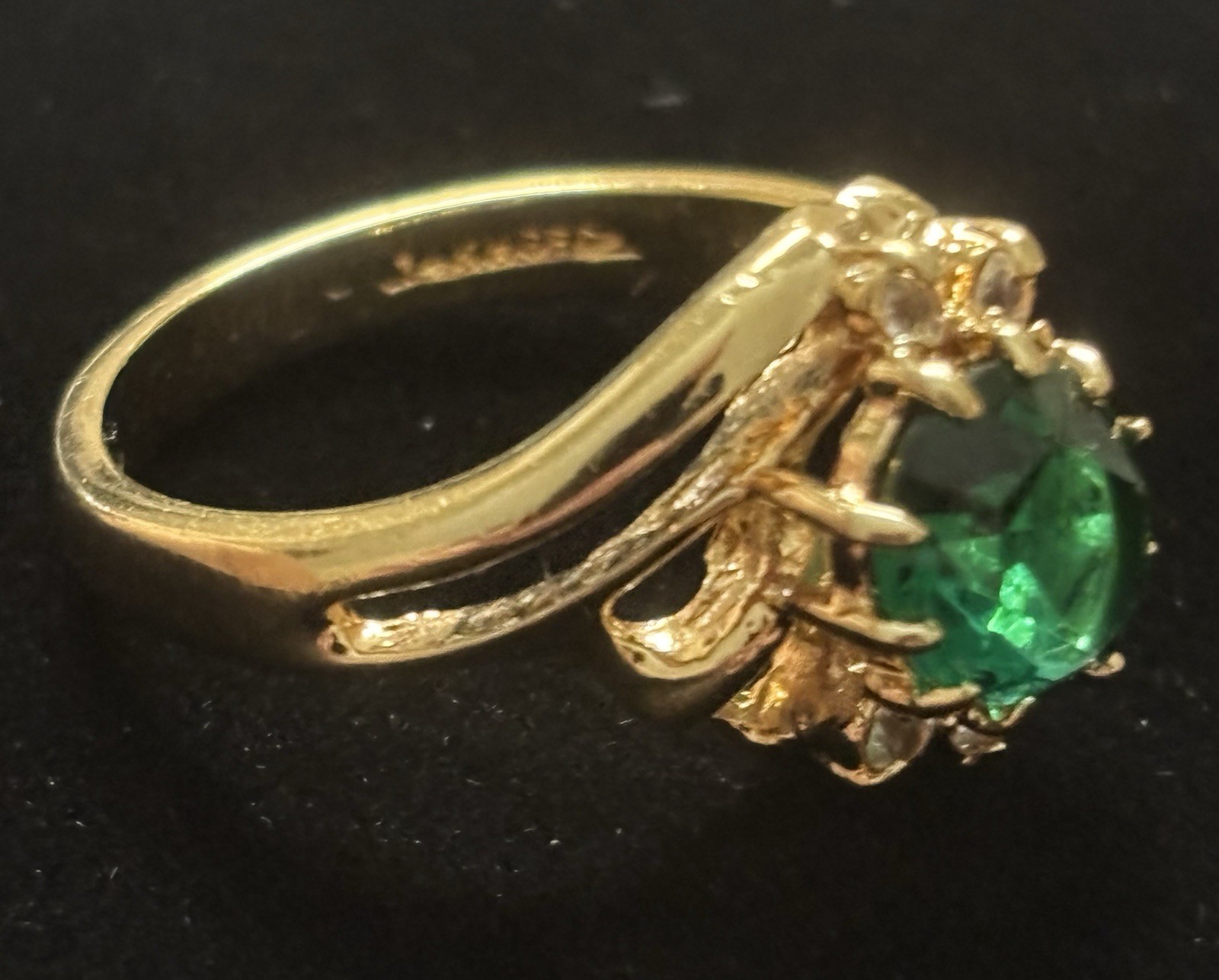 14k Yellow Gold Electroplate Emerald Green Crystal Cocktail Ring Large Size 10