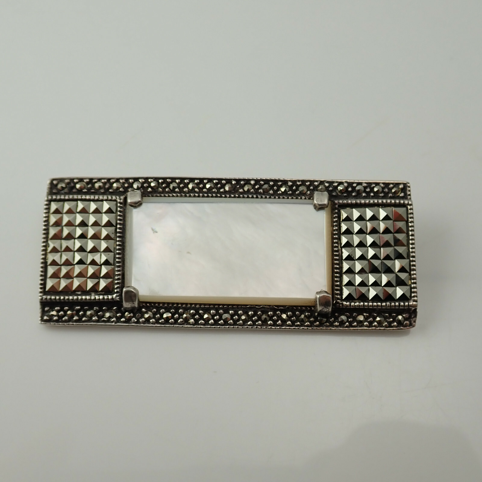 VTG 1970’s Art Deco Influence MOP Marcasite Bar Sterling Pin Brooch
