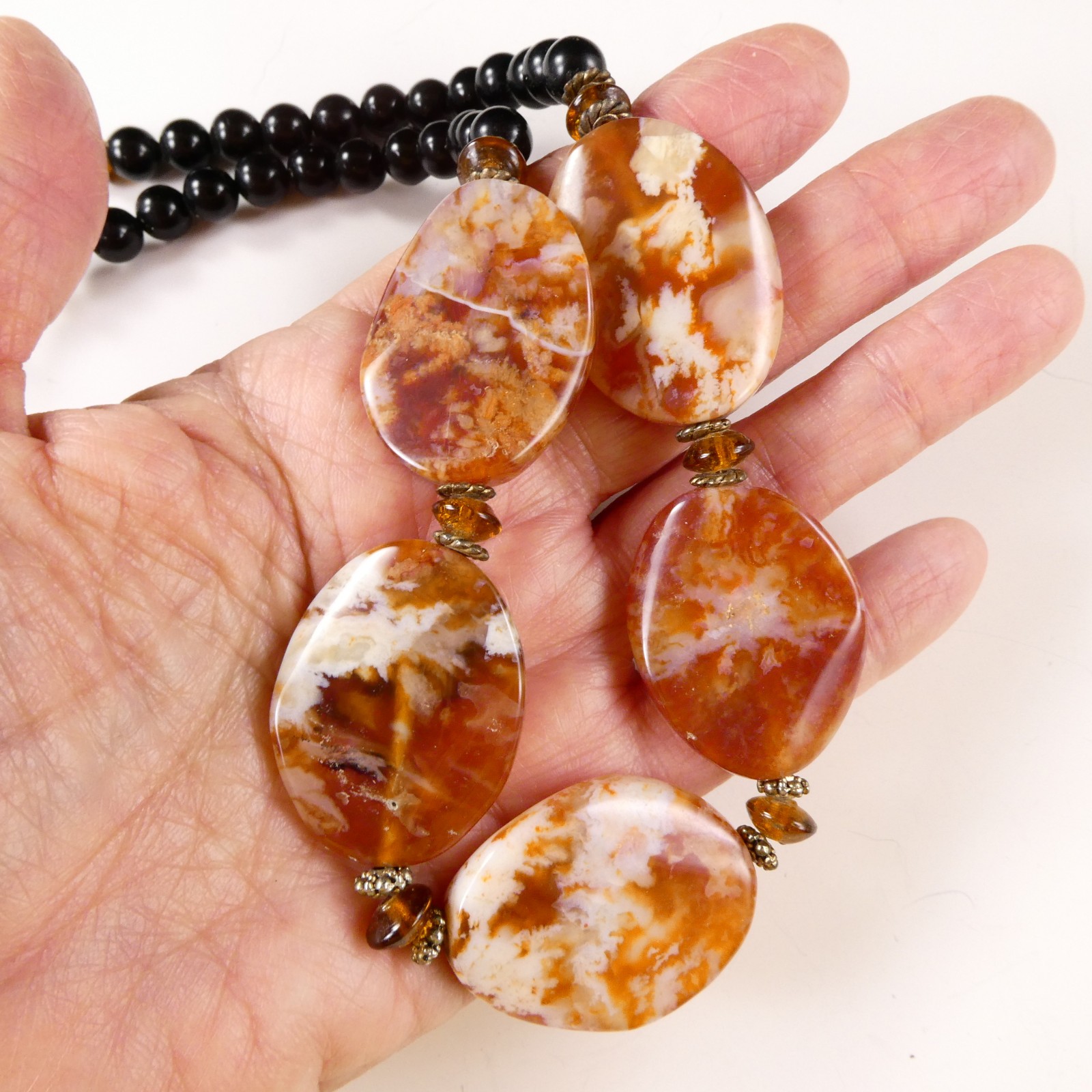 Brown Marbled Agate Stone Necklace Earthtones Black Beads 19″ Length