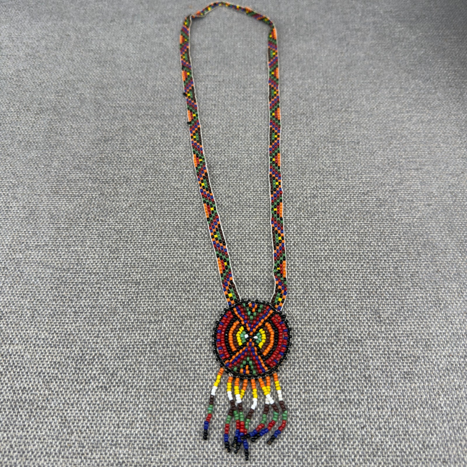 Vintage Necklace Colorful Seed Beads Leather Backed Pendant 22 Inches Southwest