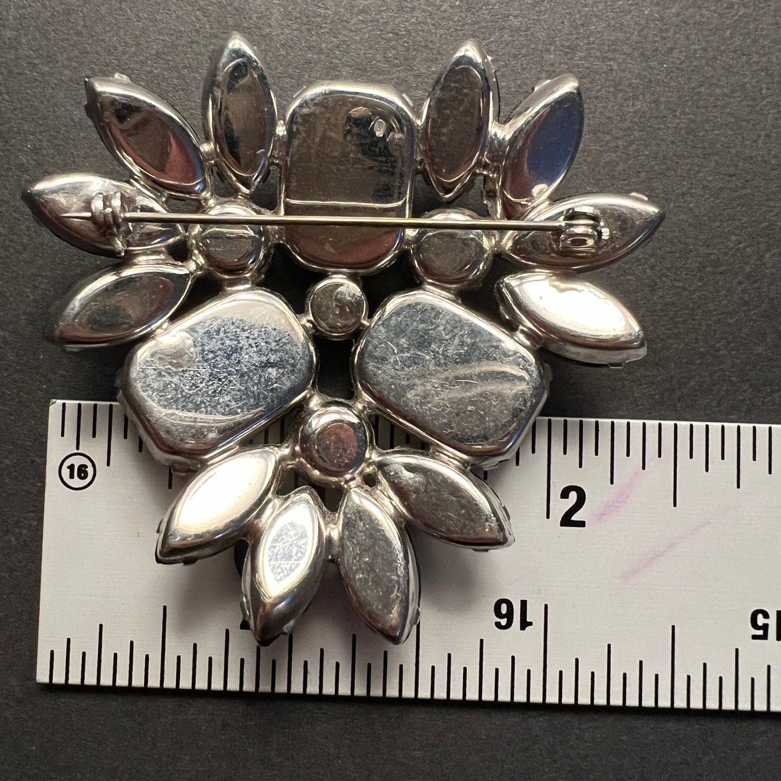 Vintage Black Rhinestone Cluster Brooch Marquise Emerald Cut Domed Prong Set