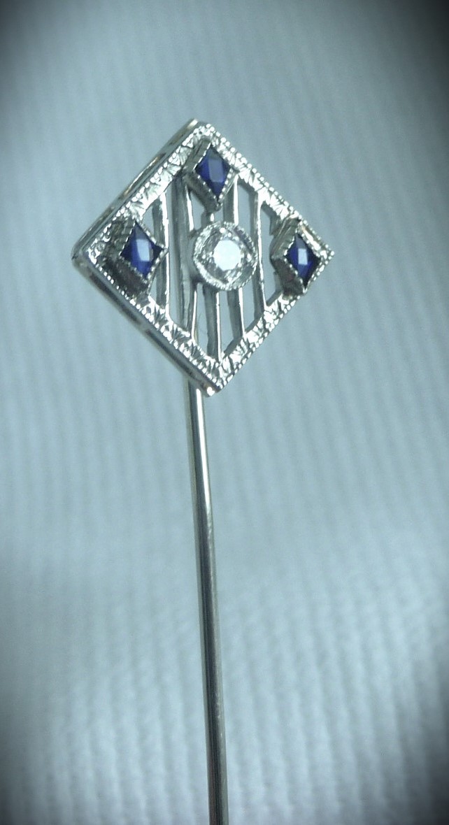 BEAUTIFUL ANTIQUE CIRCA 1920 18K WHITE GOLD DIAMOND SAPPHIRE STICK PIN BROOCH!