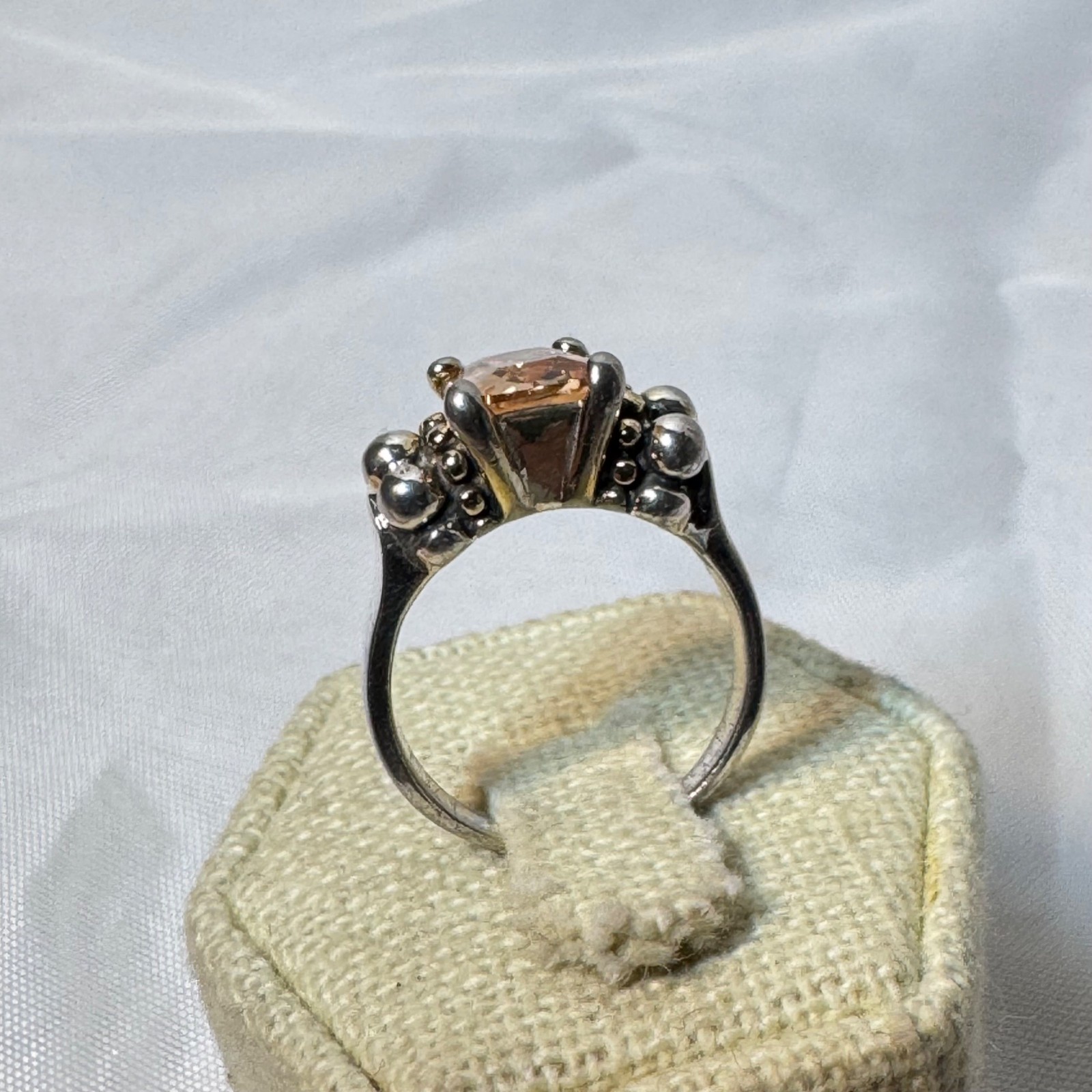 Emerald Cut Peach CZ Beaded Tapered Shoulders VTG Sterling Silver 925