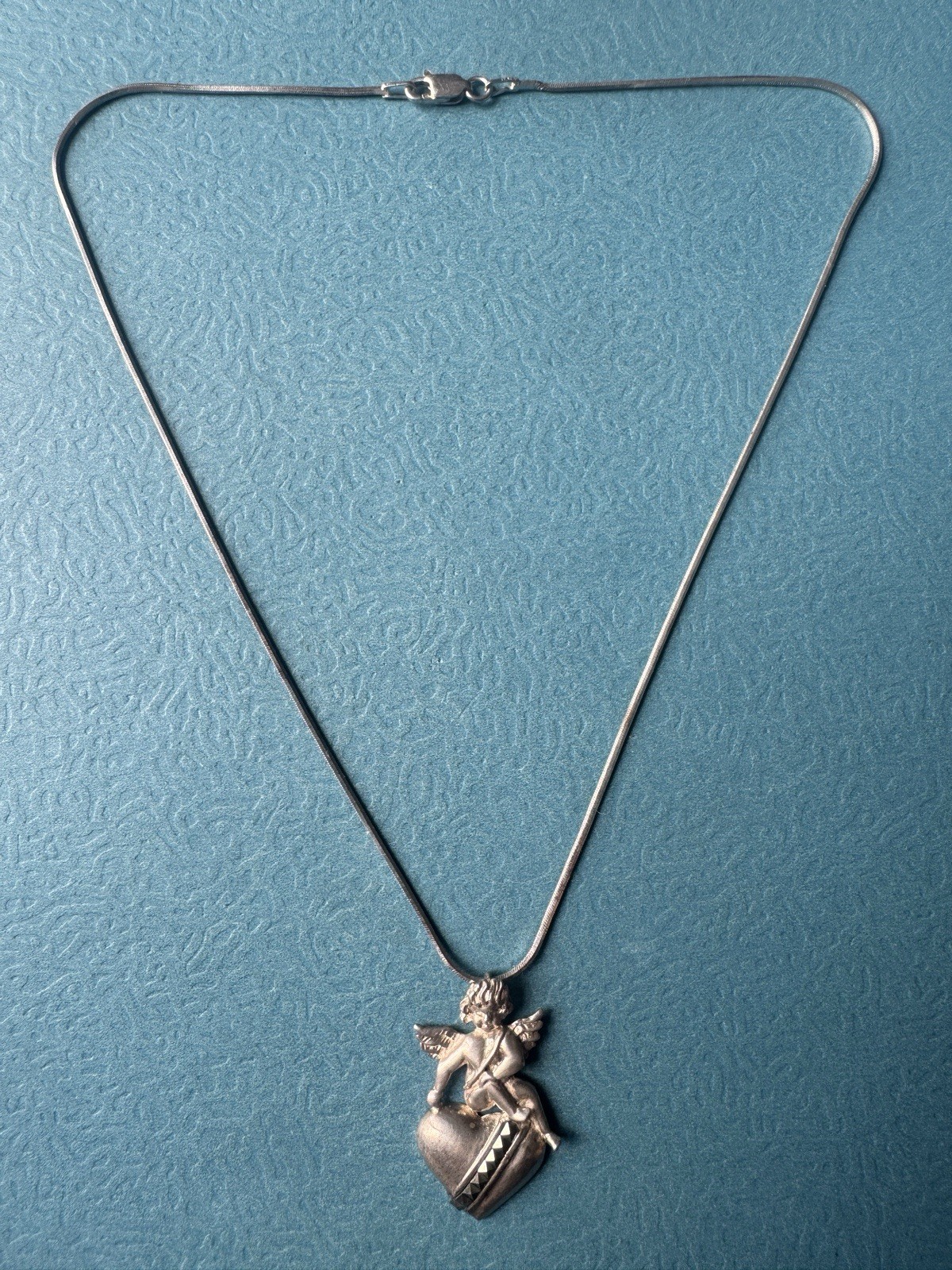 Vintage.925 Sterling Silver Angel on Heart Pendant Necklace Size 16”