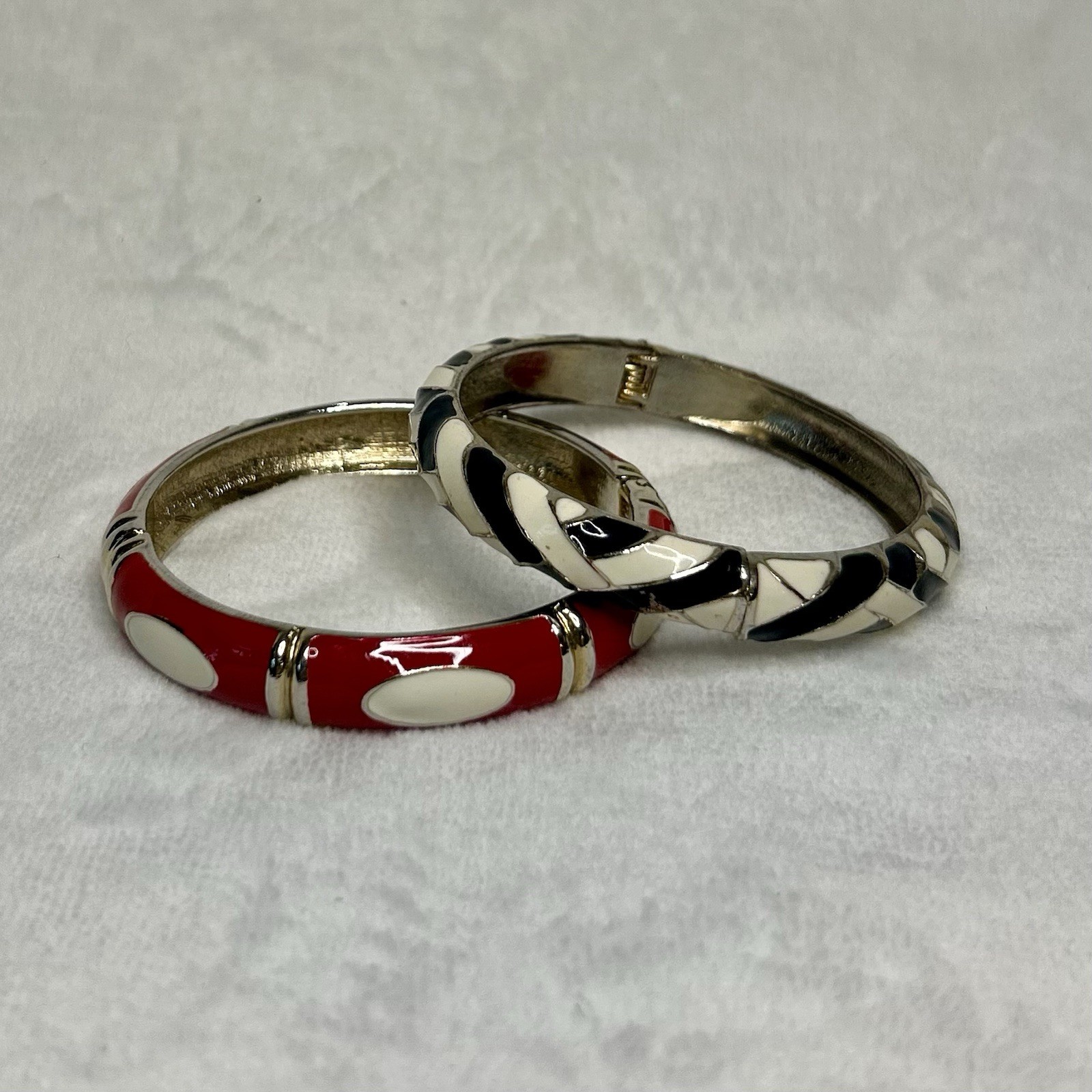 Vintage Enamel Bangle Bracelet Set Of 2, Hinged Gold Tone Red White Black