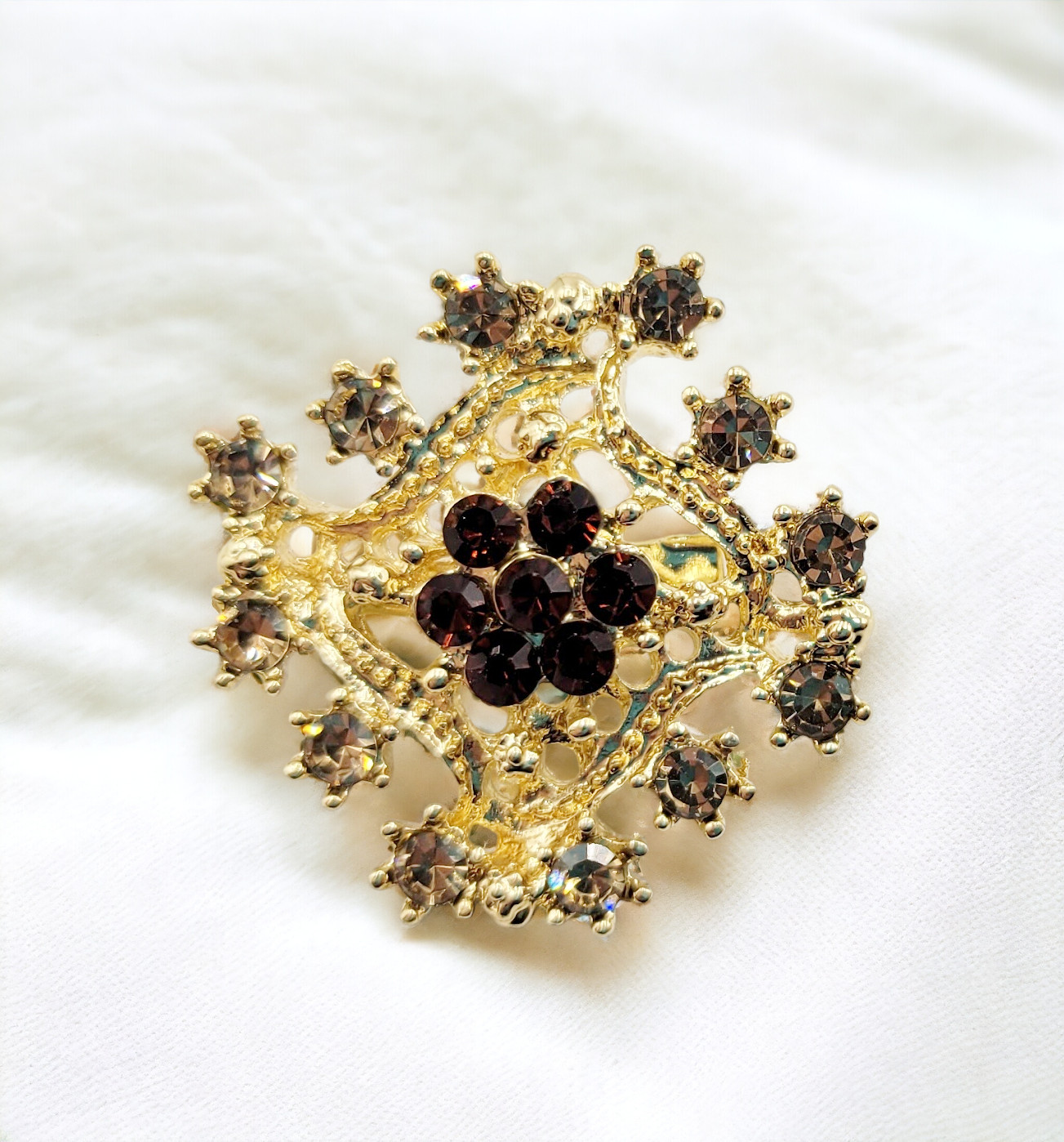Gold Tone Rhinestone Red Purple Pink Multicolor Costume Ornate Brooch Pin