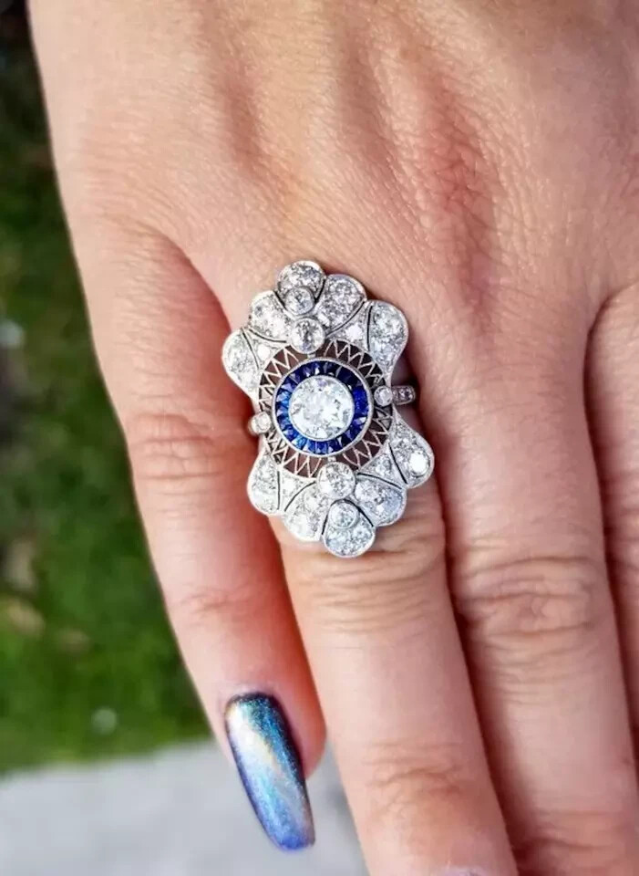 Art Deco Style 3Ct Lab Created Diamond & Sapphire Wedding 14K White Gold FN Ring