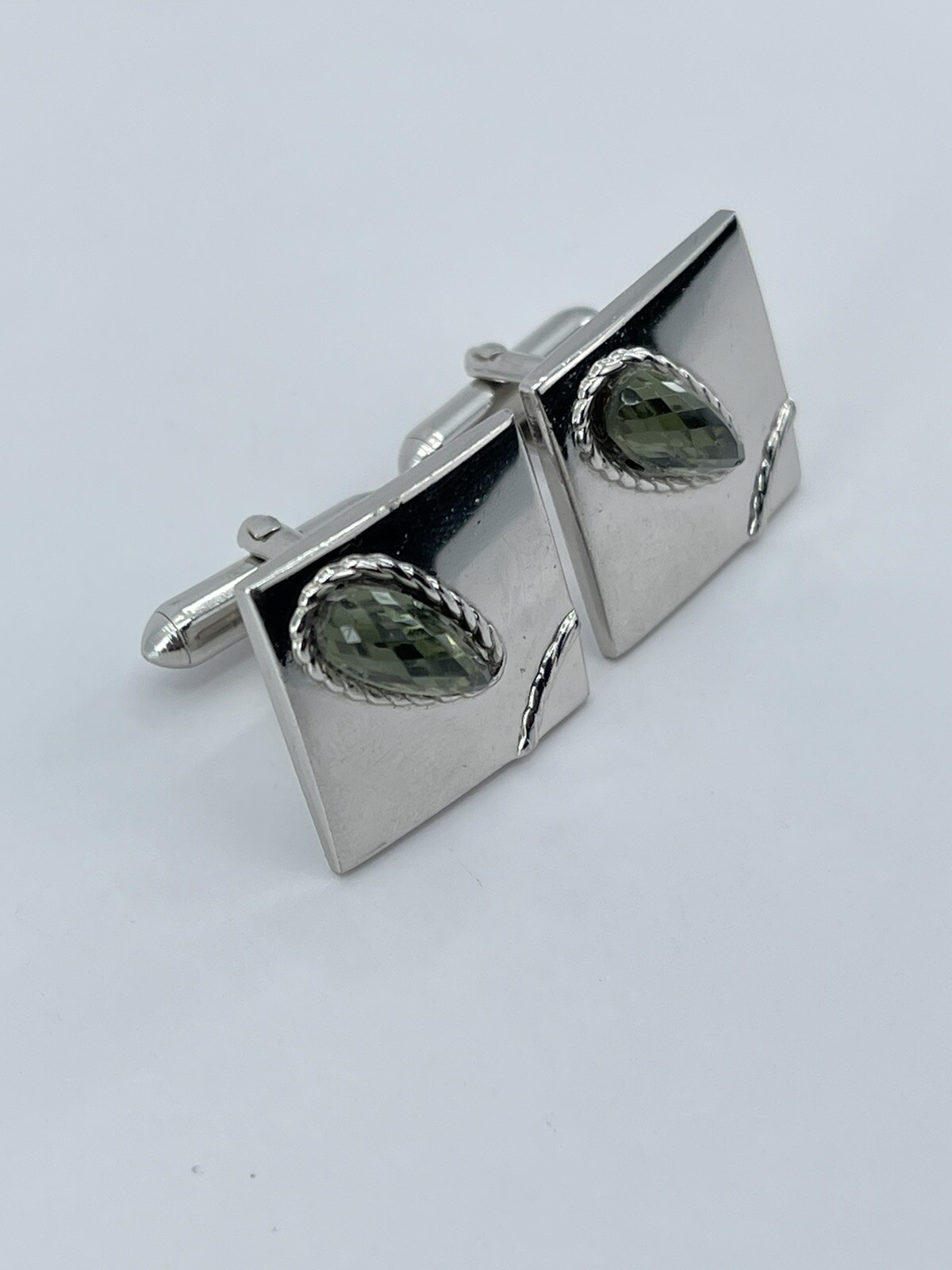 Vintage Swank mens cufflinks green teardrop faceted glass stone rope accents